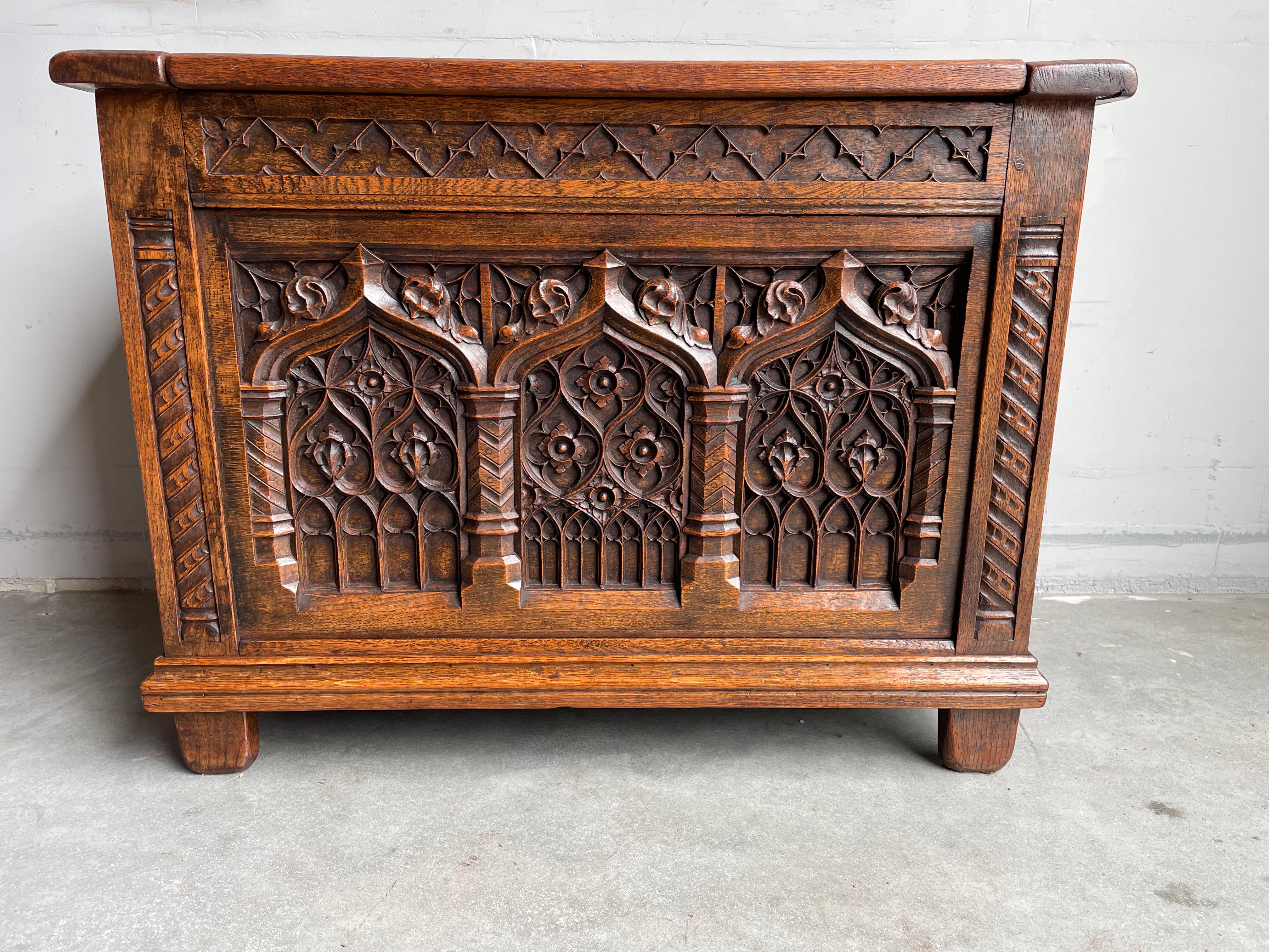 Rare Size Antique Gothic Revival Hand Carved Oak Chest / Trunk with Warm Patina 10