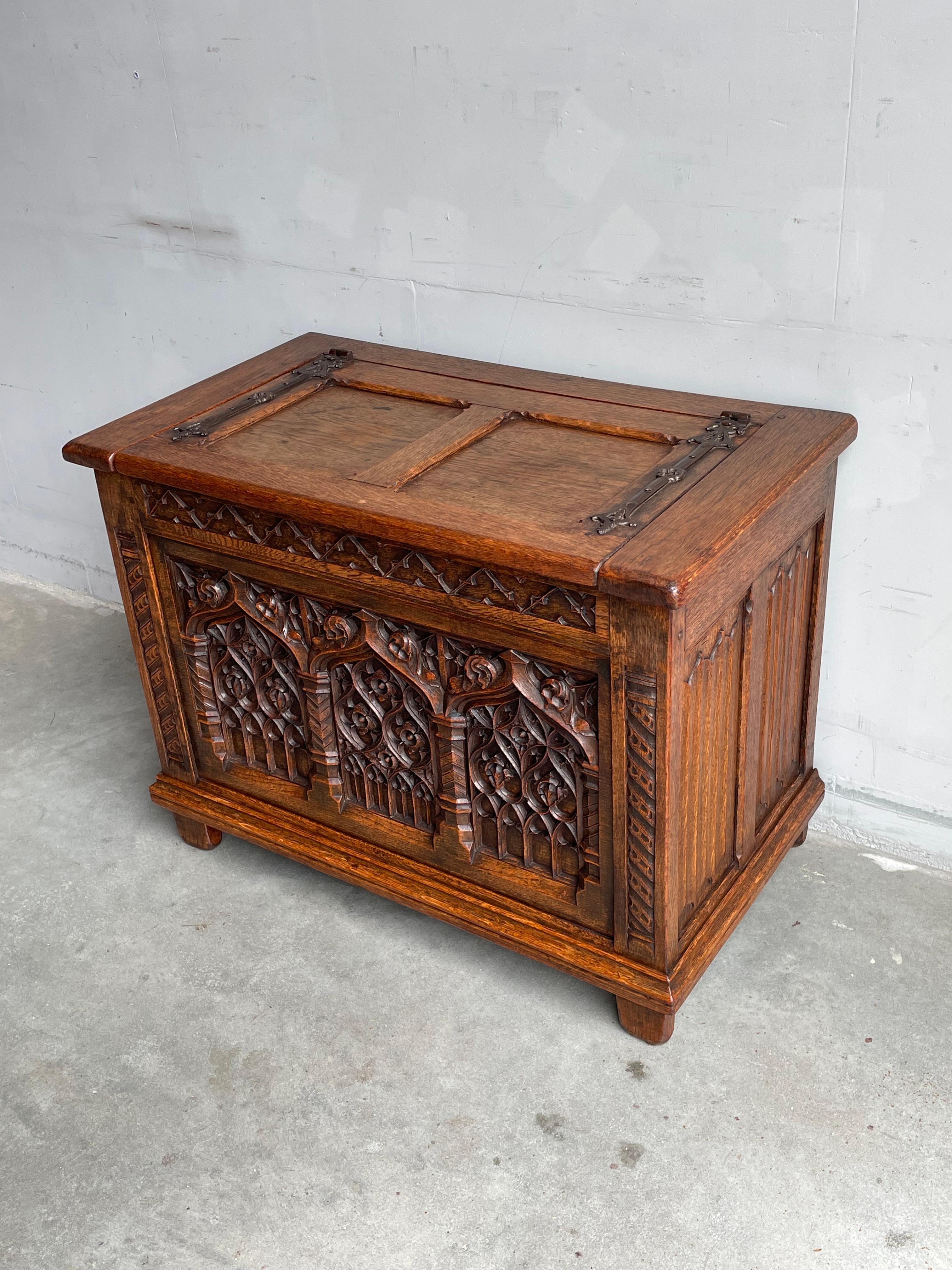 Rare Size Antique Gothic Revival Hand Carved Oak Chest / Trunk with Warm Patina 11
