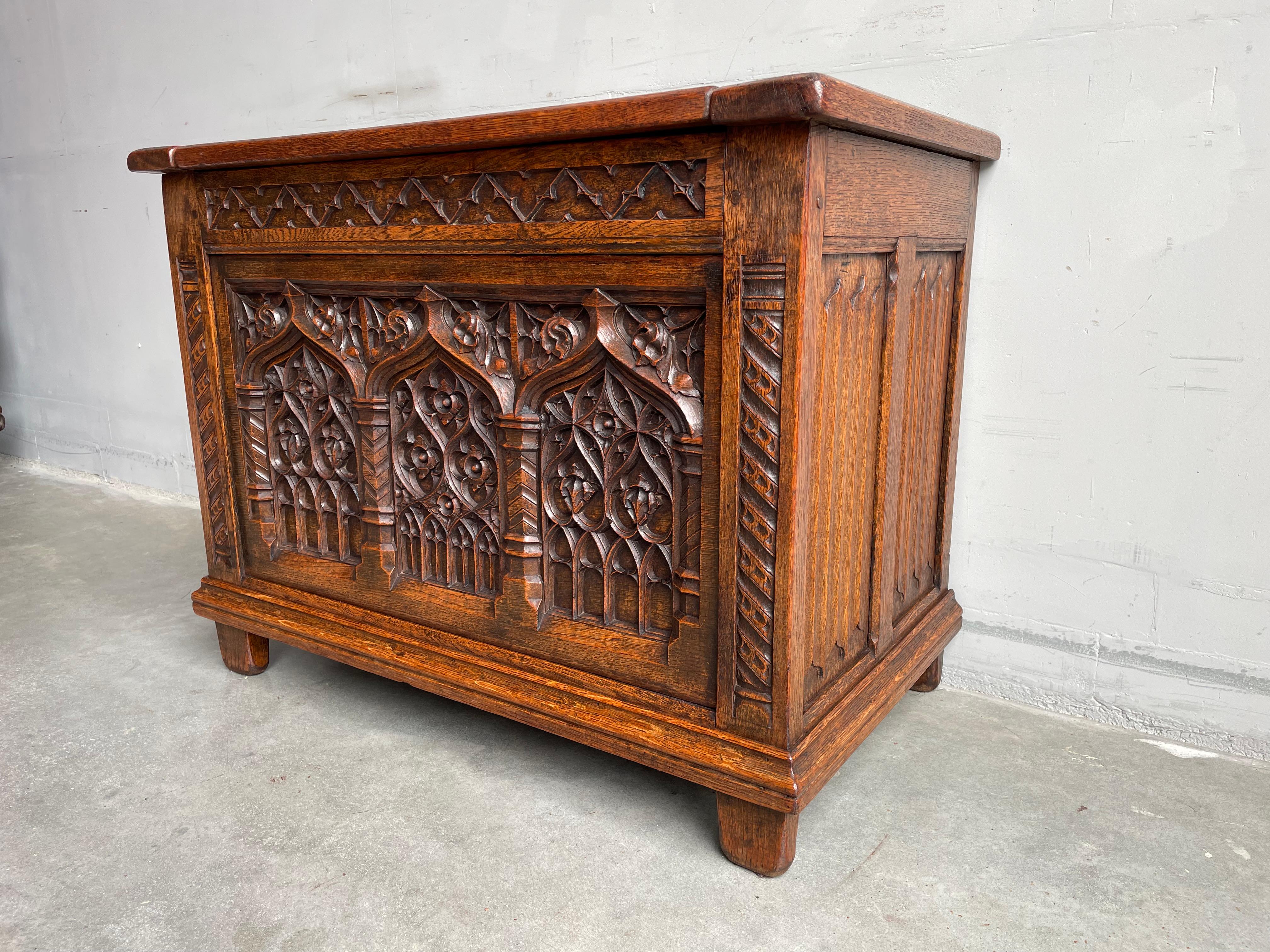 Wrought Iron Rare Size Antique Gothic Revival Hand Carved Oak Chest / Trunk with Warm Patina