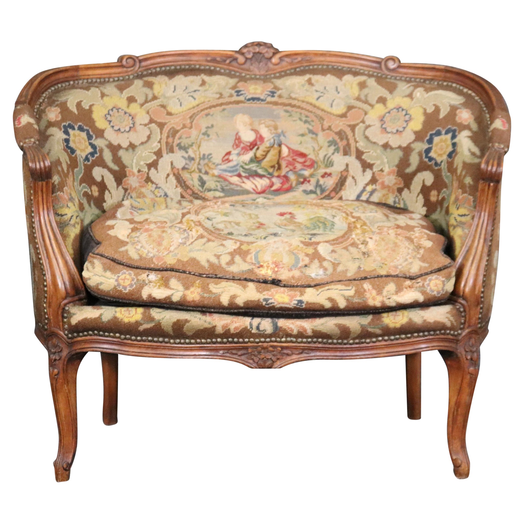 Rare Size French Louis XV Needlepoint Upholstered Walnut Settee Canape