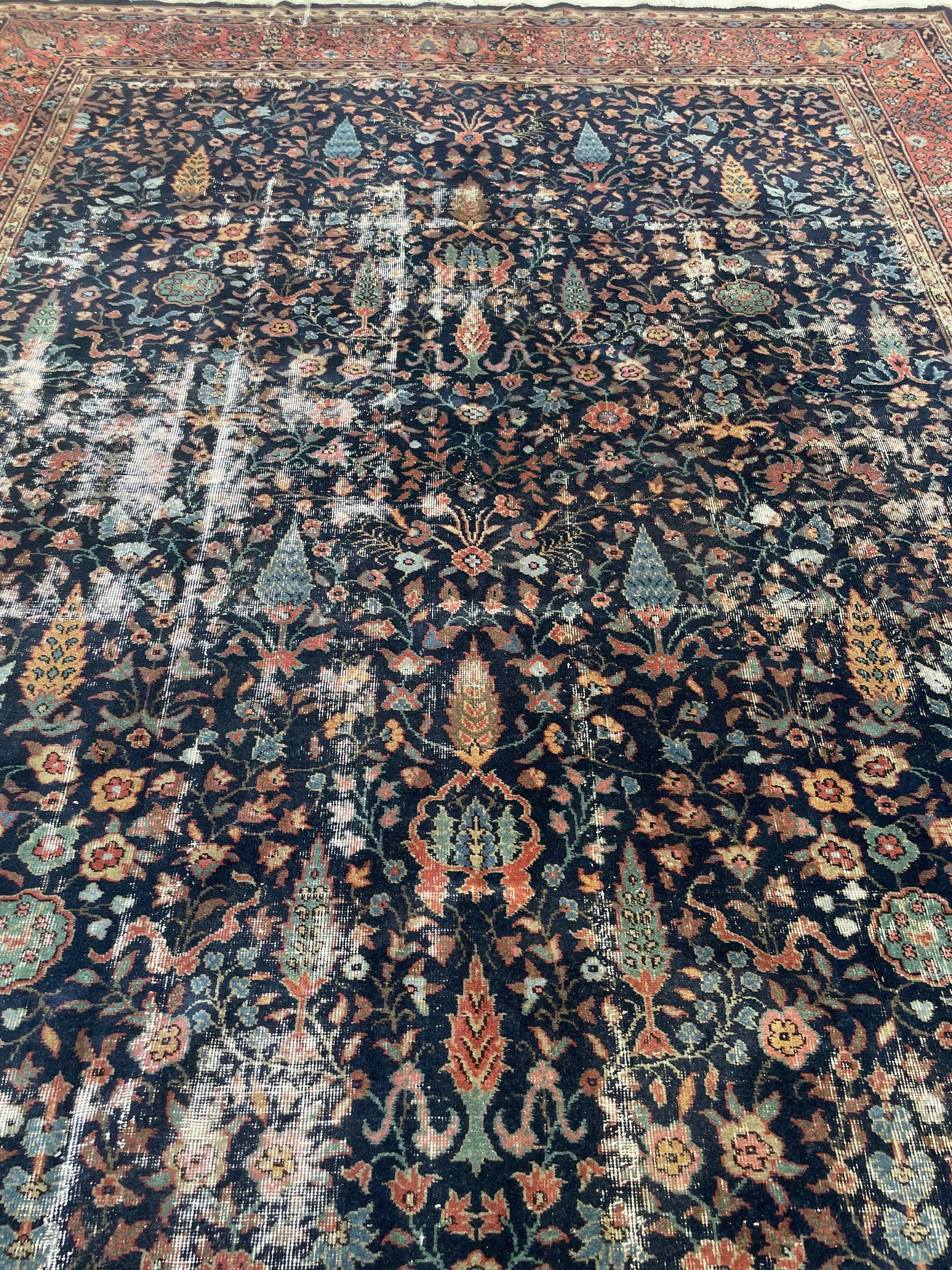 Rare Size & Gorgeous Vintage Turkish Garden Carpet  Cypres Forest of Life in Greens, Saffrons Blues & Rust

About: Influenced by the most beautiful GARDEN COURT CARPETS woven back in the day for Roylaty and the Aristicraptes of the times. 

Size: