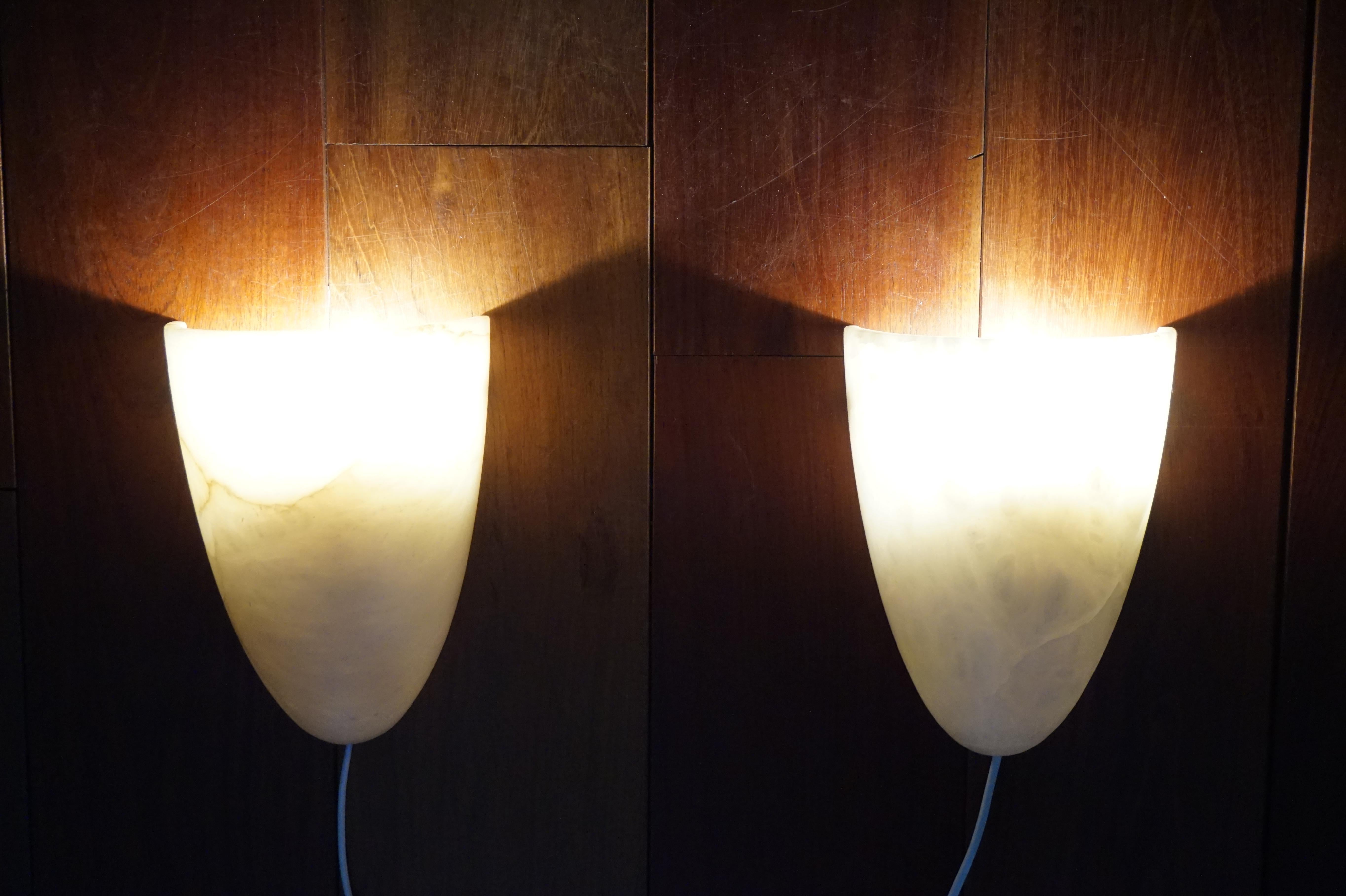 Rare Size & Shape Midcentury Era Alabaster Wall Sconces with Metal Brackets 2