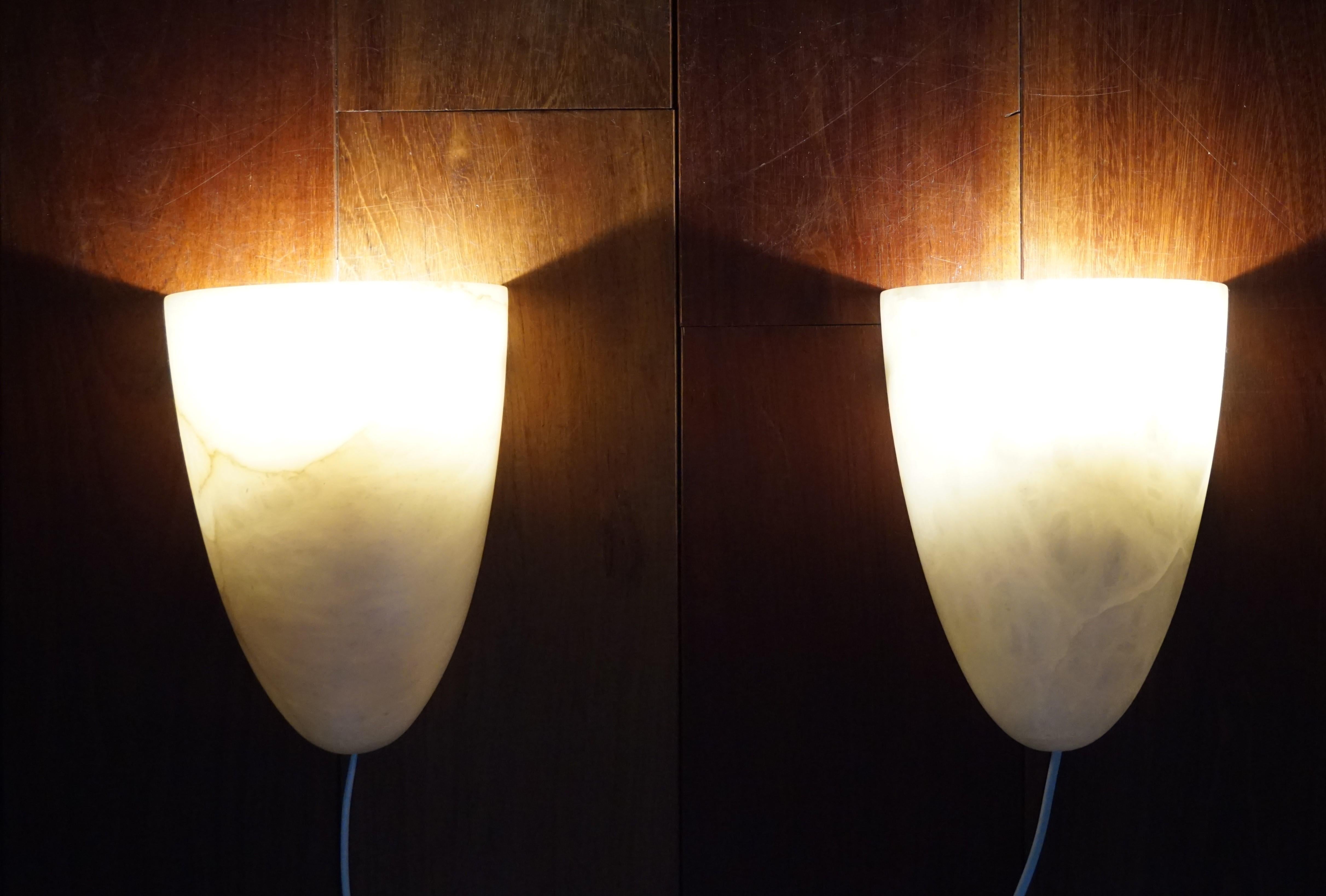 Hand-Crafted Rare Size & Shape Midcentury Era Alabaster Wall Sconces with Metal Brackets