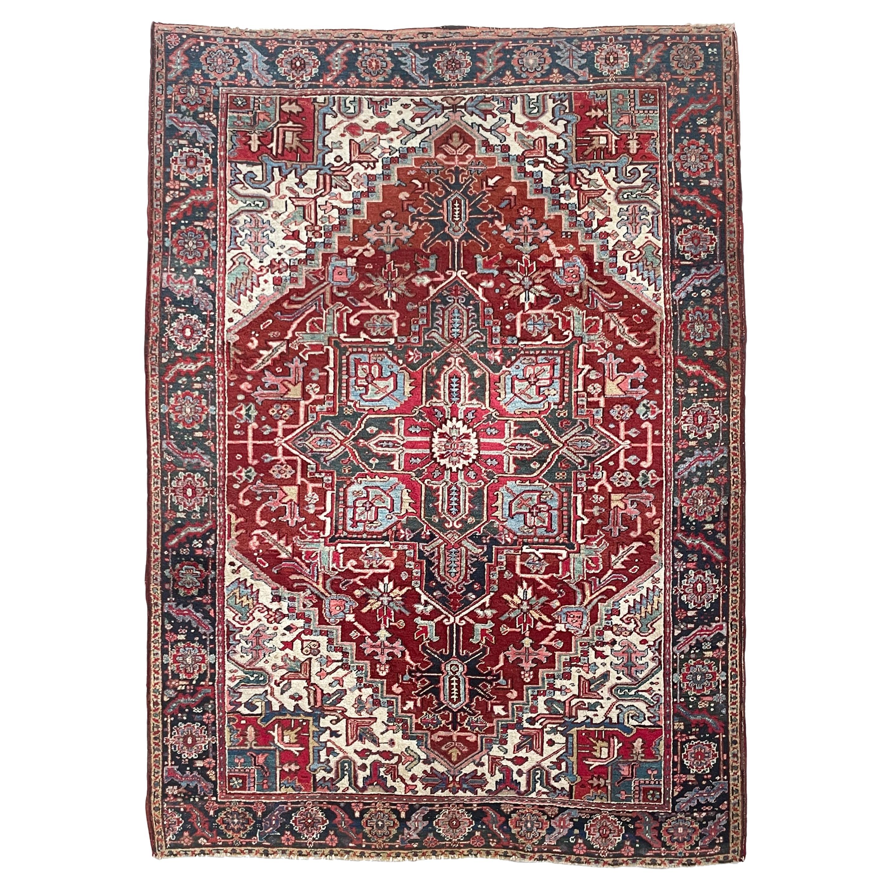 Alfombra antigua Heriz de tamaño poco común, c. 1930