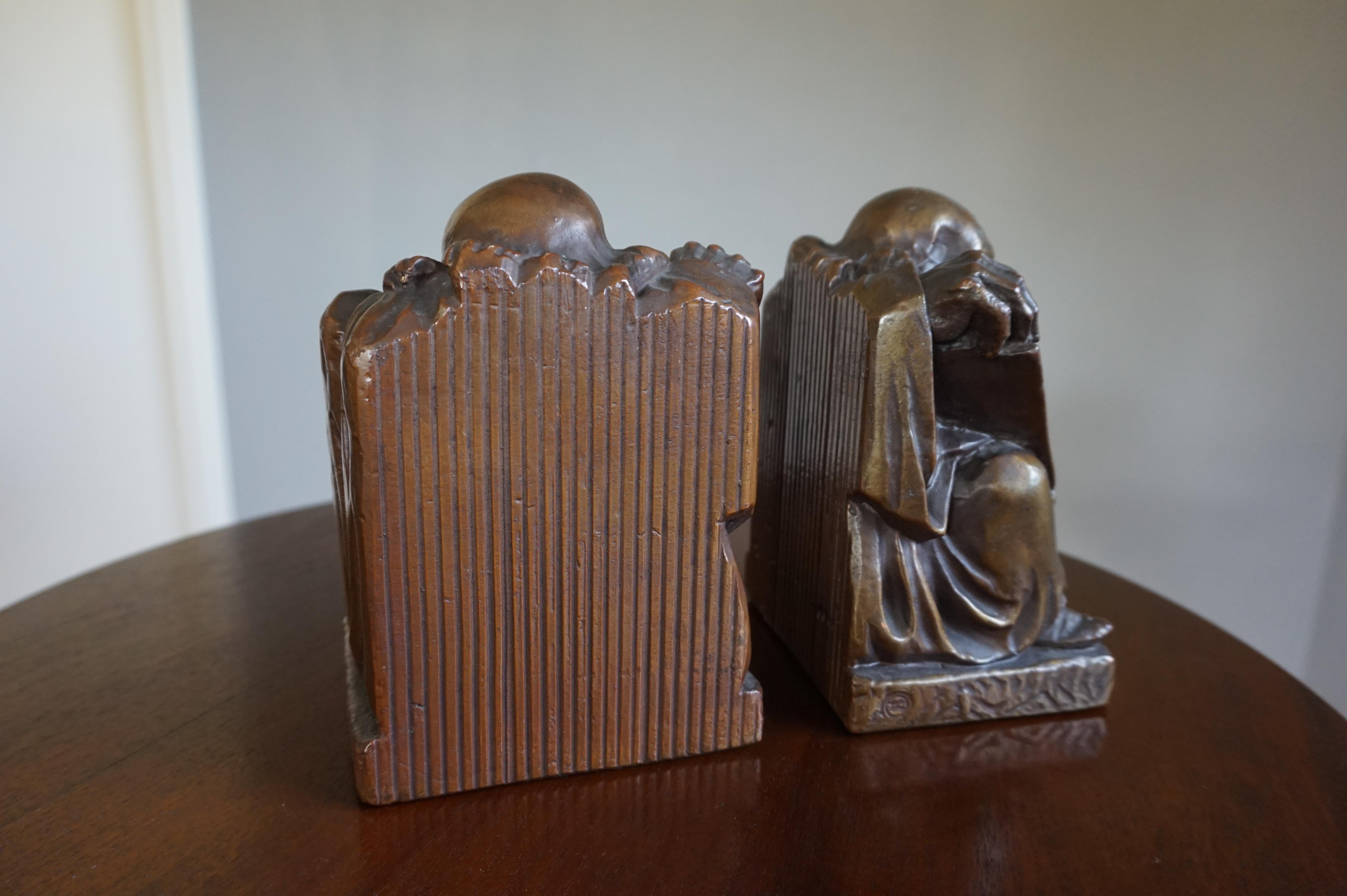 Rare & Skillfully Crafted Pair of Patinated Brass, Alchemist Sculpture Bookends For Sale 5