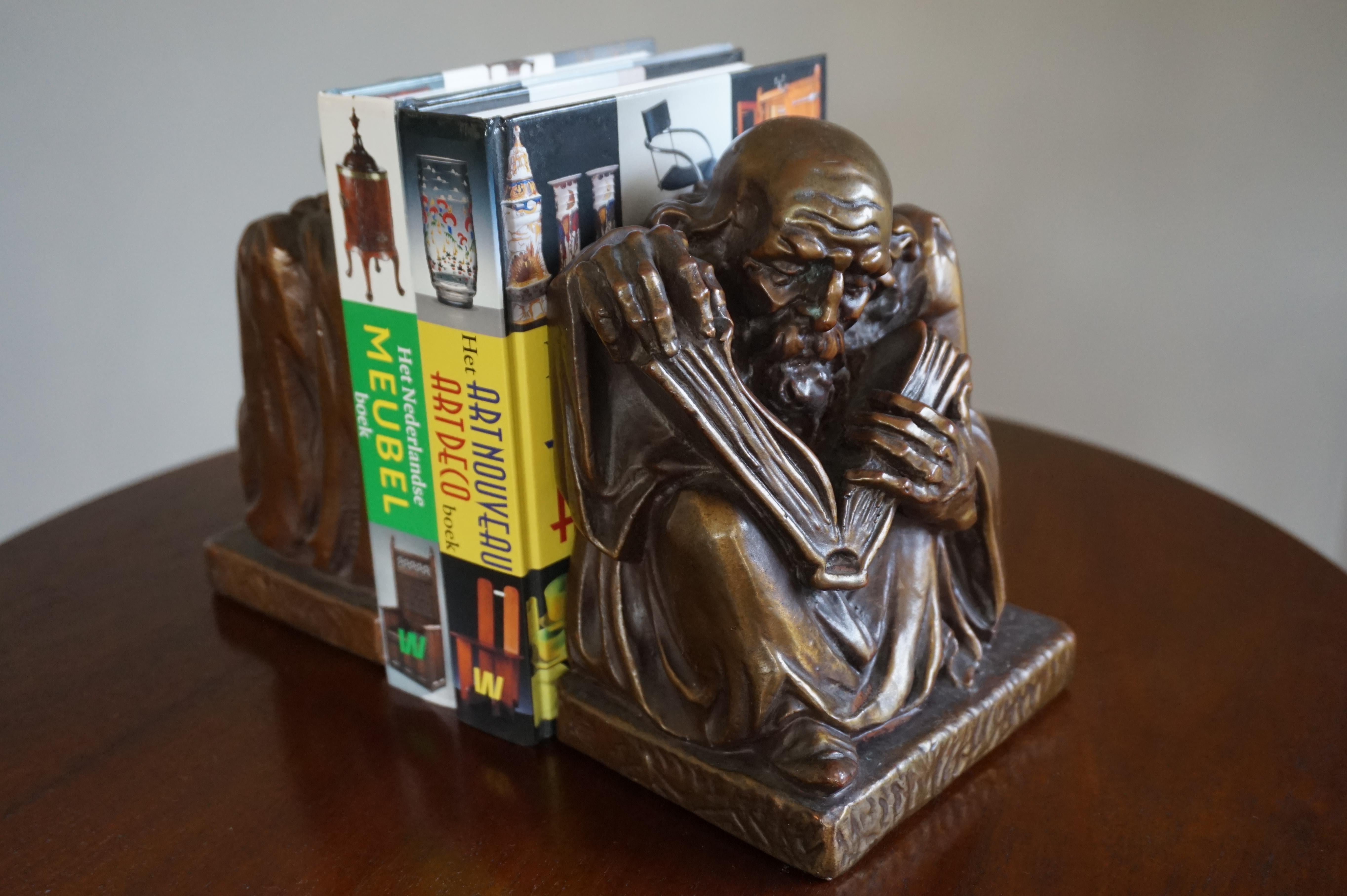 Rare & Skillfully Crafted Pair of Patinated Brass, Alchemist Sculpture Bookends For Sale 8