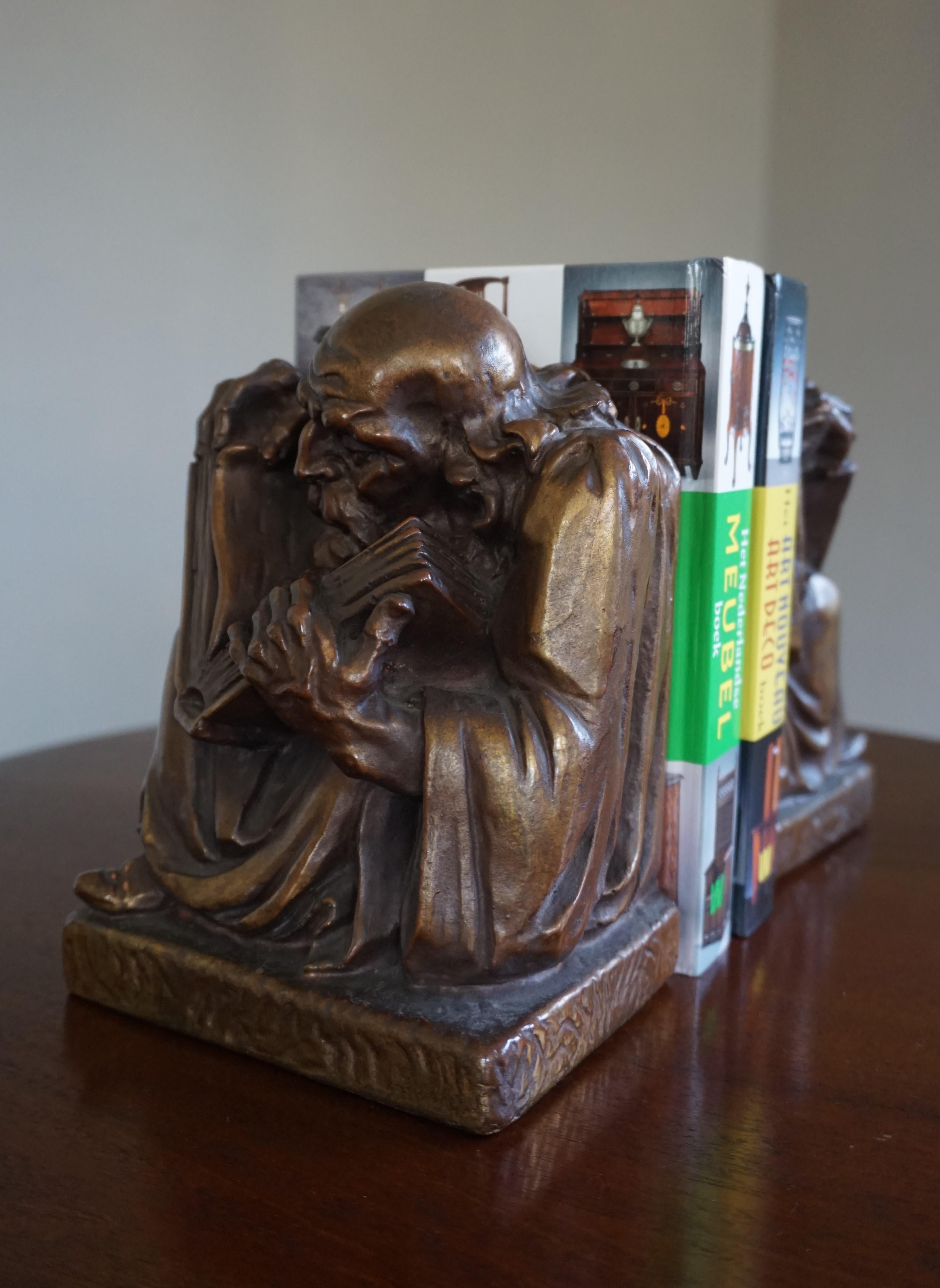 Art Deco Rare & Skillfully Crafted Pair of Patinated Brass, Alchemist Sculpture Bookends For Sale
