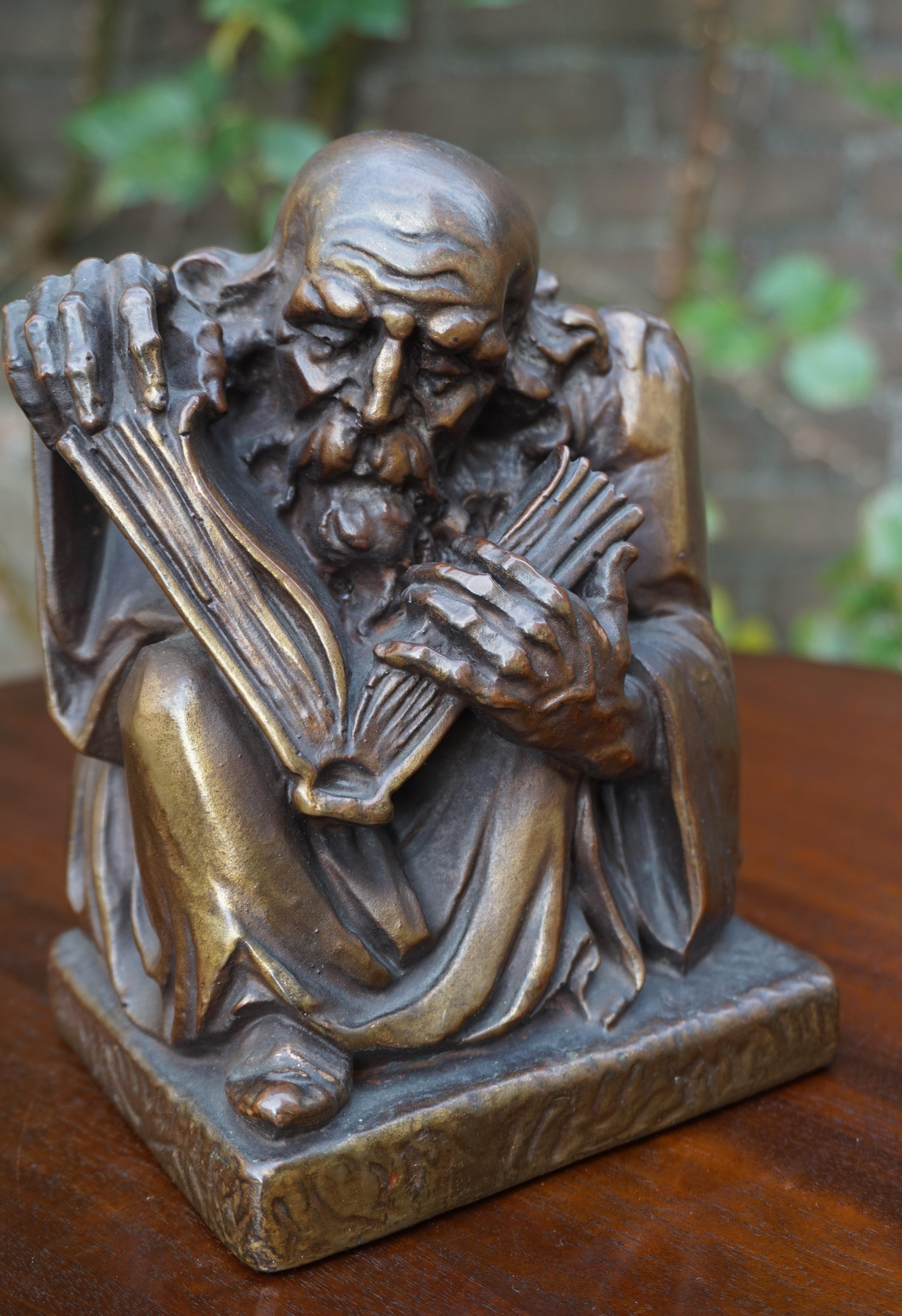 European Rare & Skillfully Crafted Pair of Patinated Brass, Alchemist Sculpture Bookends For Sale