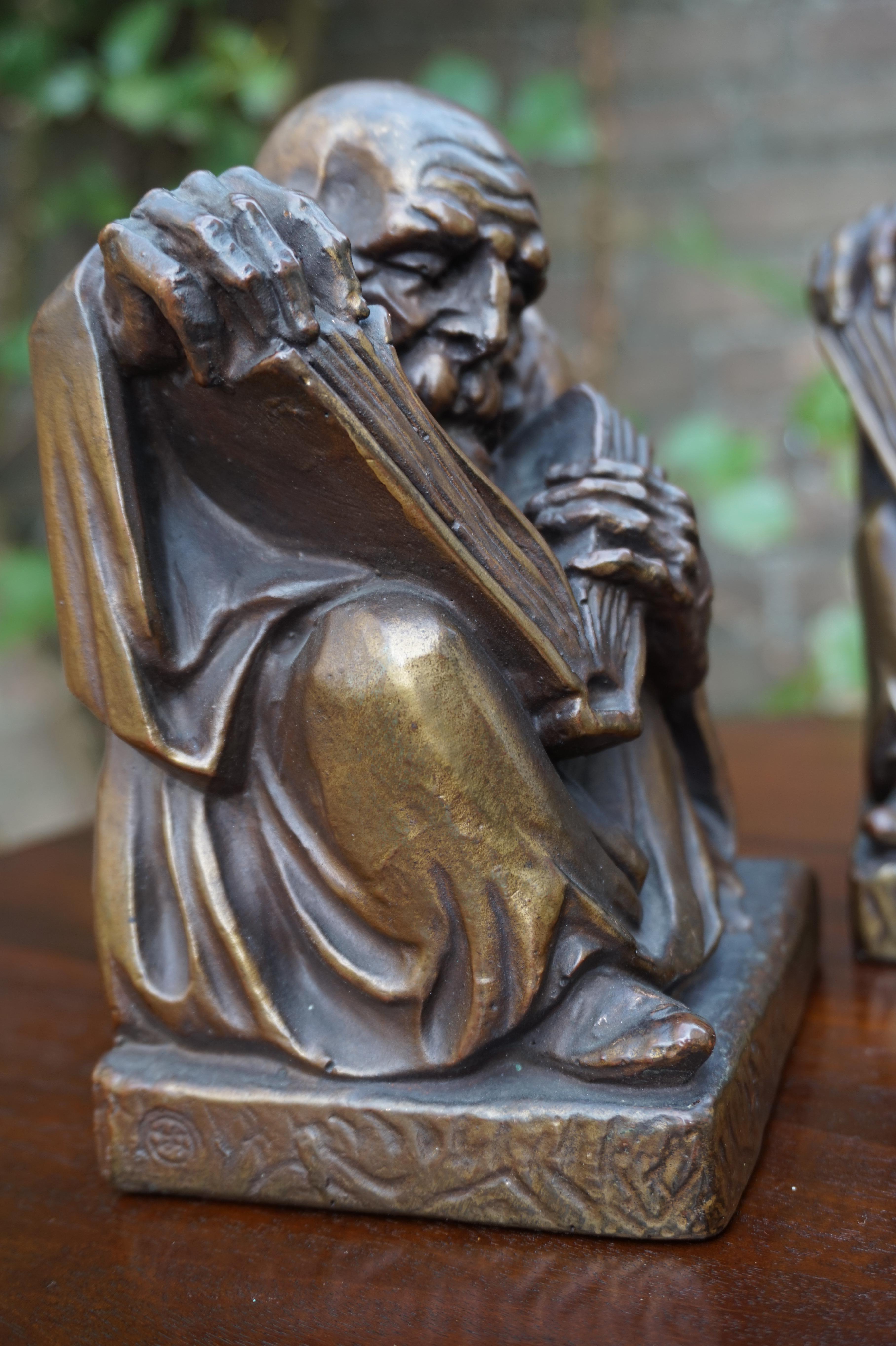Cast Rare & Skillfully Crafted Pair of Patinated Brass, Alchemist Sculpture Bookends For Sale