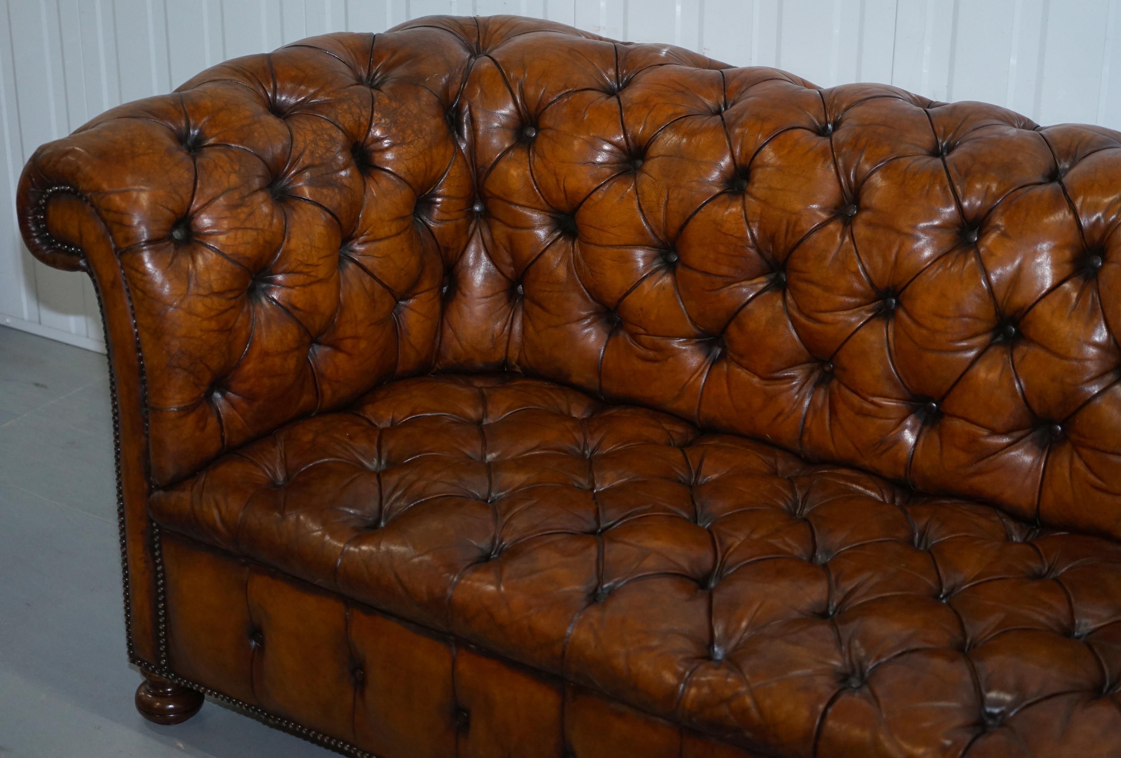 Rare Sloped Back Victorian Chesterfield Hand Dyed Brown Leather Sofa Horse Hair 4