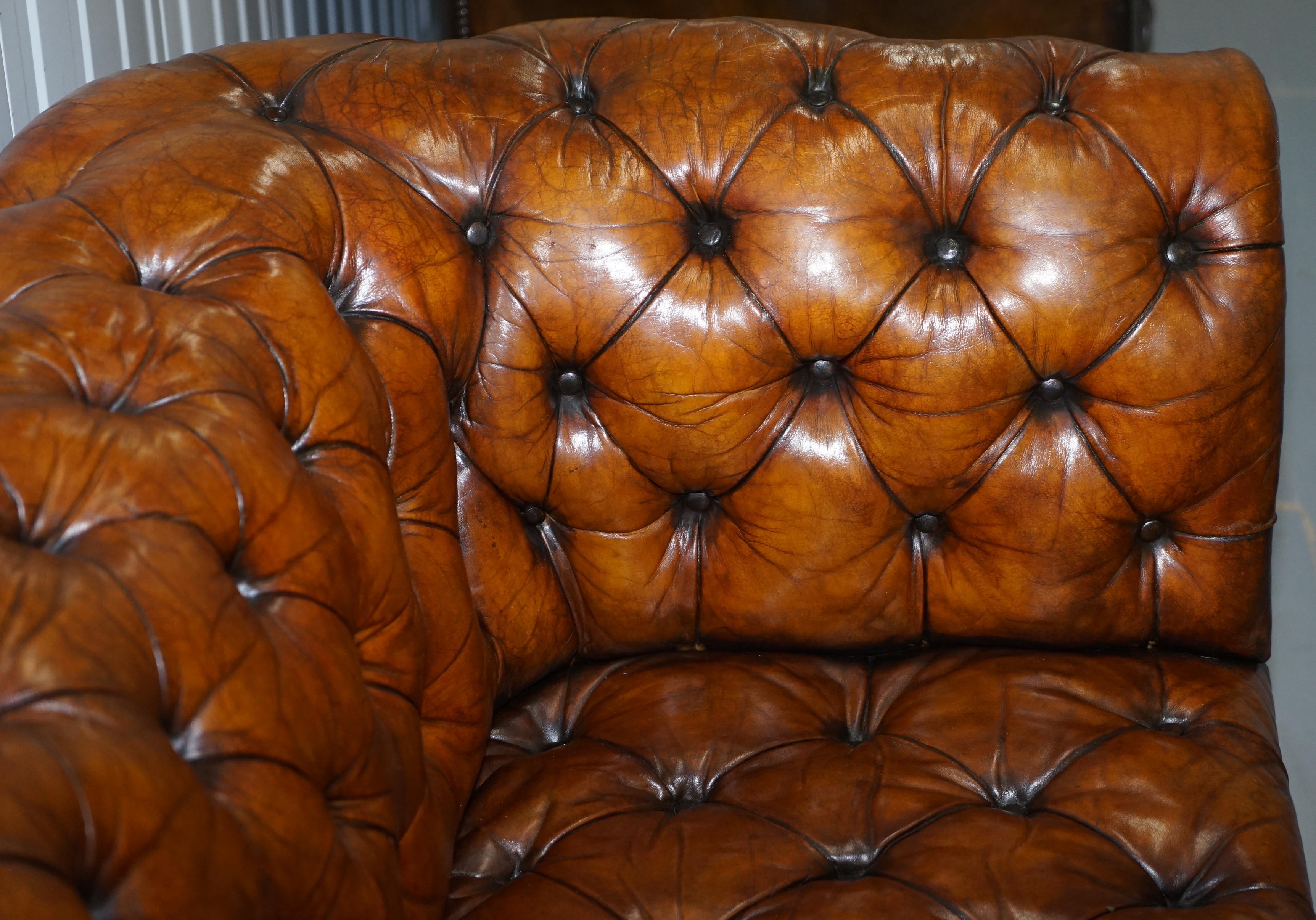 Rare Sloped Back Victorian Chesterfield Hand Dyed Brown Leather Sofa Horse Hair 6