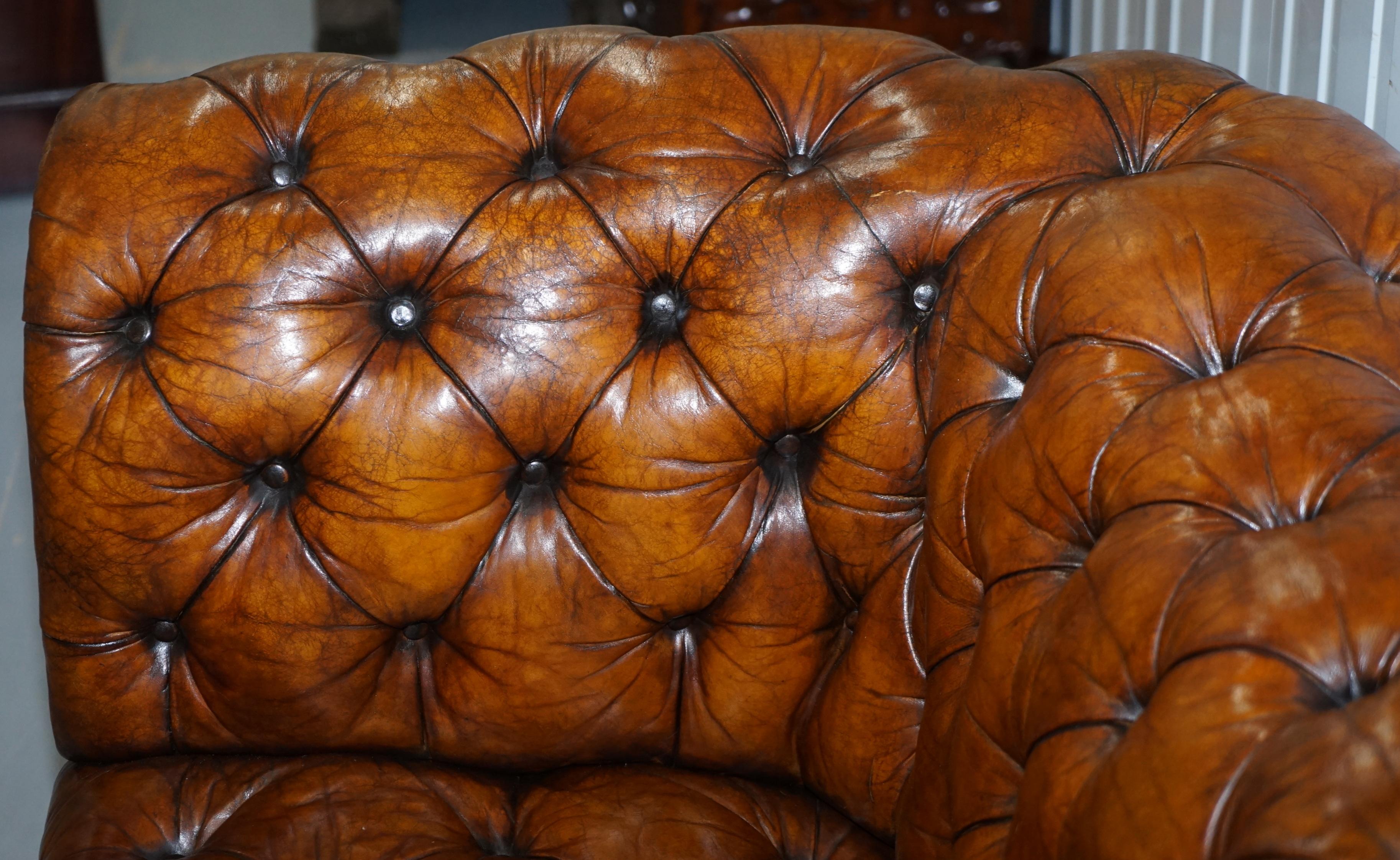 Rare Sloped Back Victorian Chesterfield Hand Dyed Brown Leather Sofa Horse Hair 7