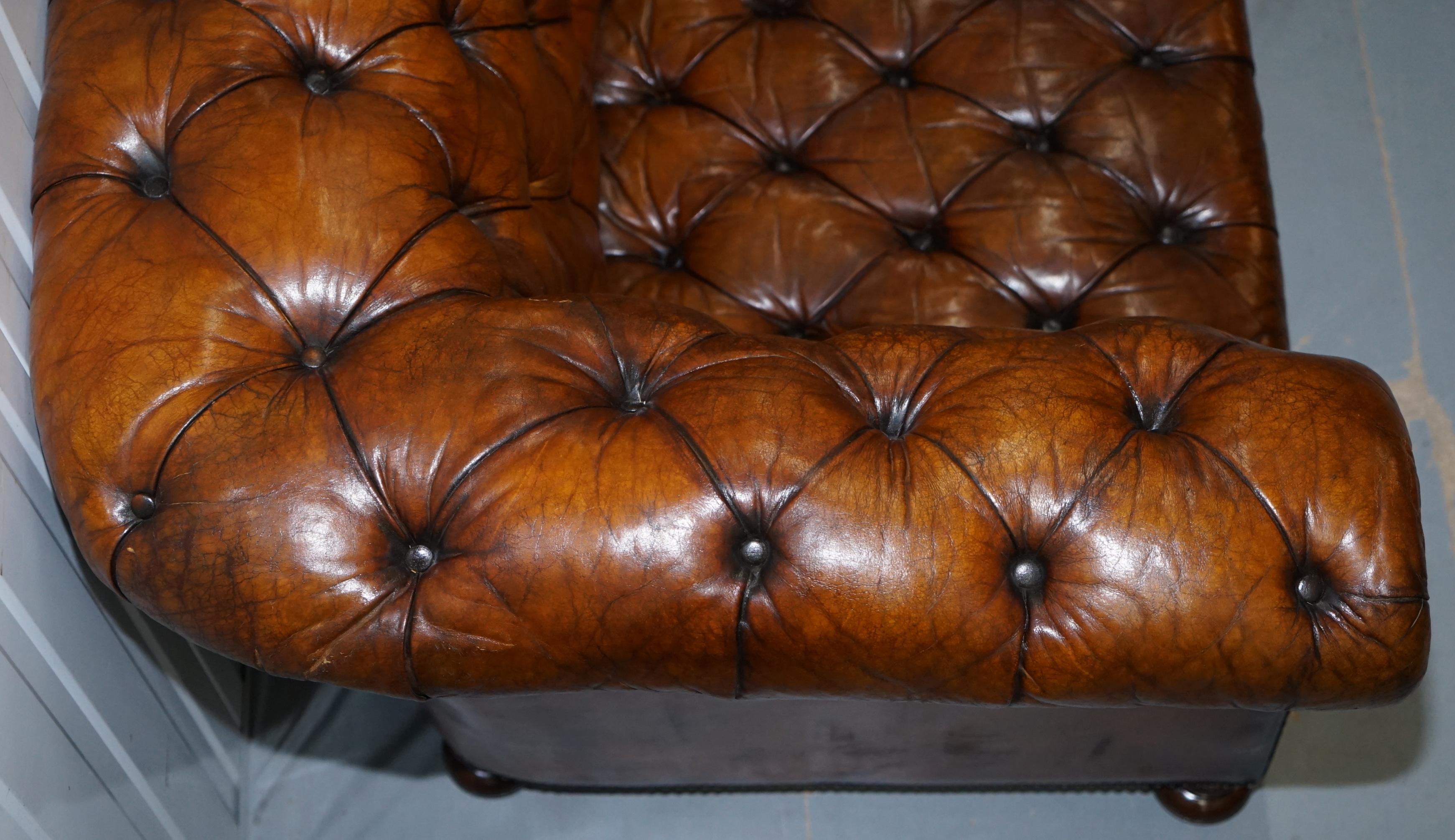 Rare Sloped Back Victorian Chesterfield Hand Dyed Brown Leather Sofa Horse Hair 9