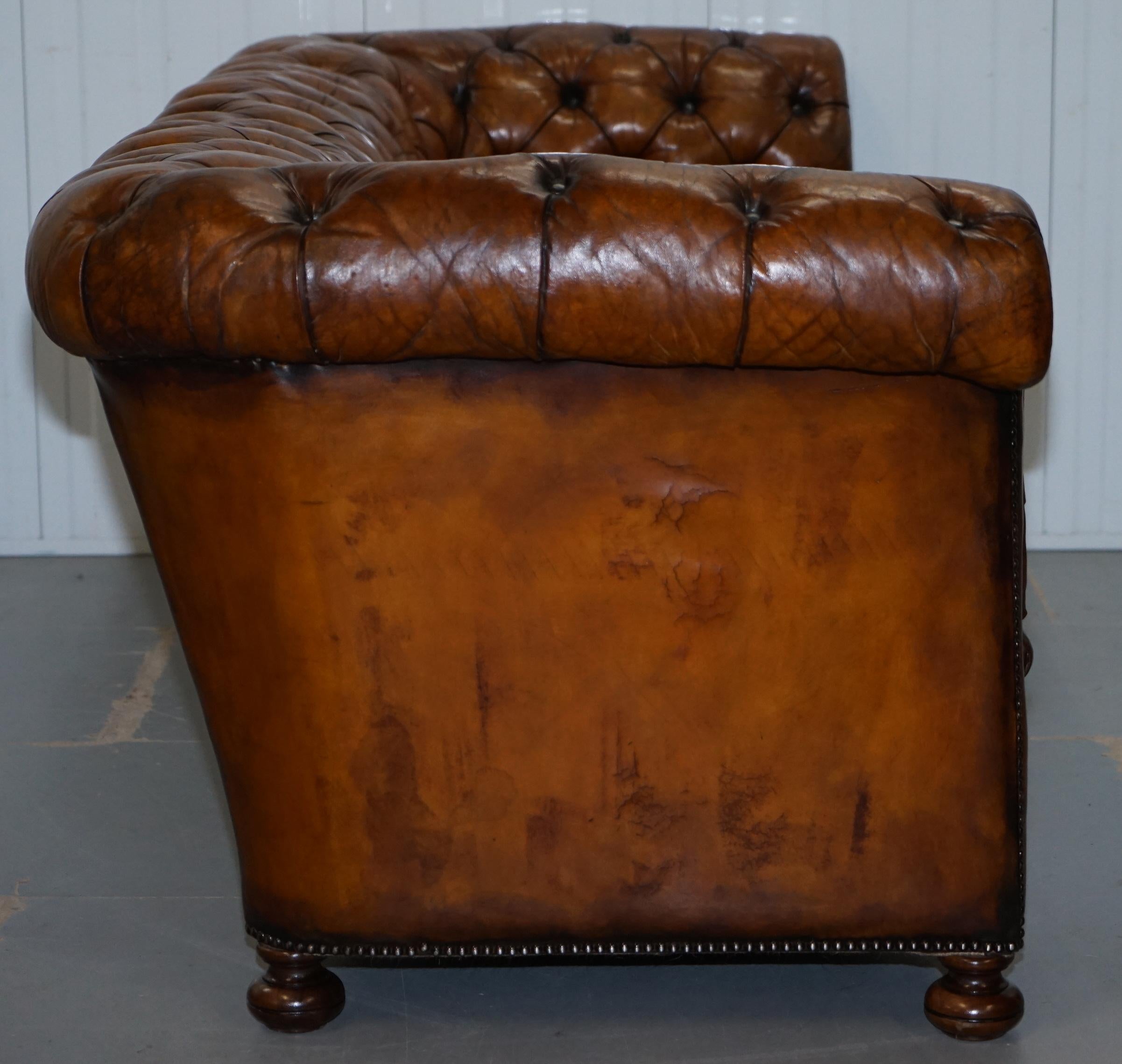 Rare Sloped Back Victorian Chesterfield Hand Dyed Brown Leather Sofa Horse Hair 10