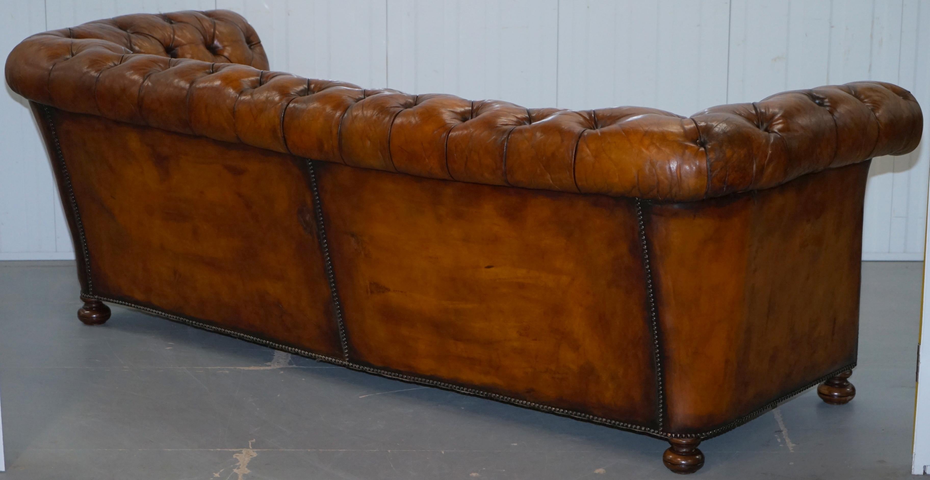 Rare Sloped Back Victorian Chesterfield Hand Dyed Brown Leather Sofa Horse Hair 11