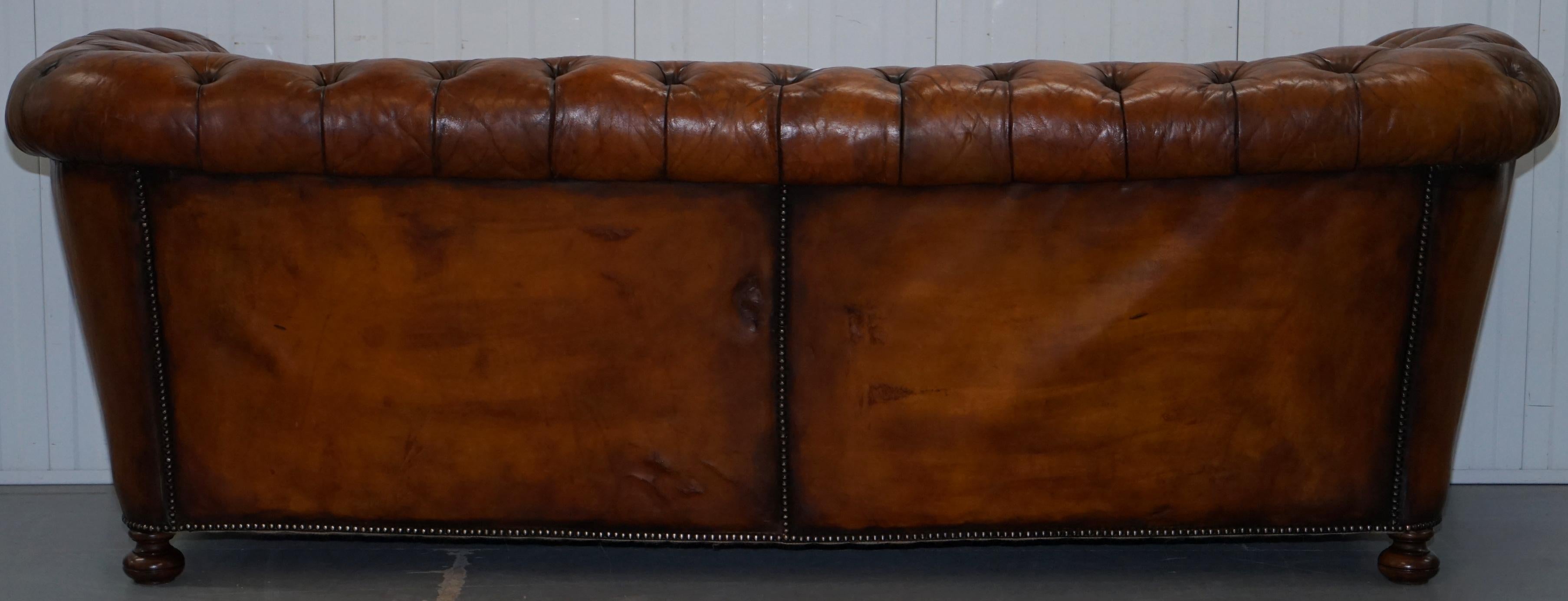 Rare Sloped Back Victorian Chesterfield Hand Dyed Brown Leather Sofa Horse Hair 12