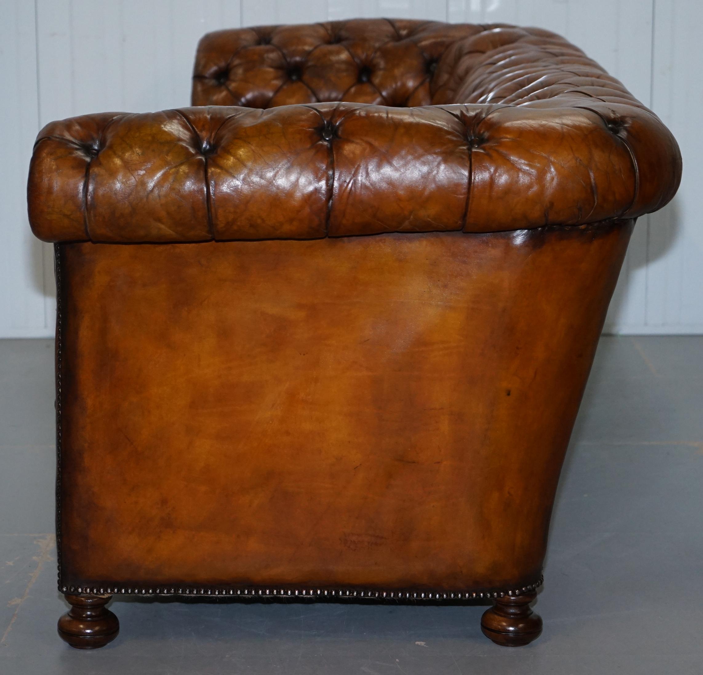 Rare Sloped Back Victorian Chesterfield Hand Dyed Brown Leather Sofa Horse Hair 13