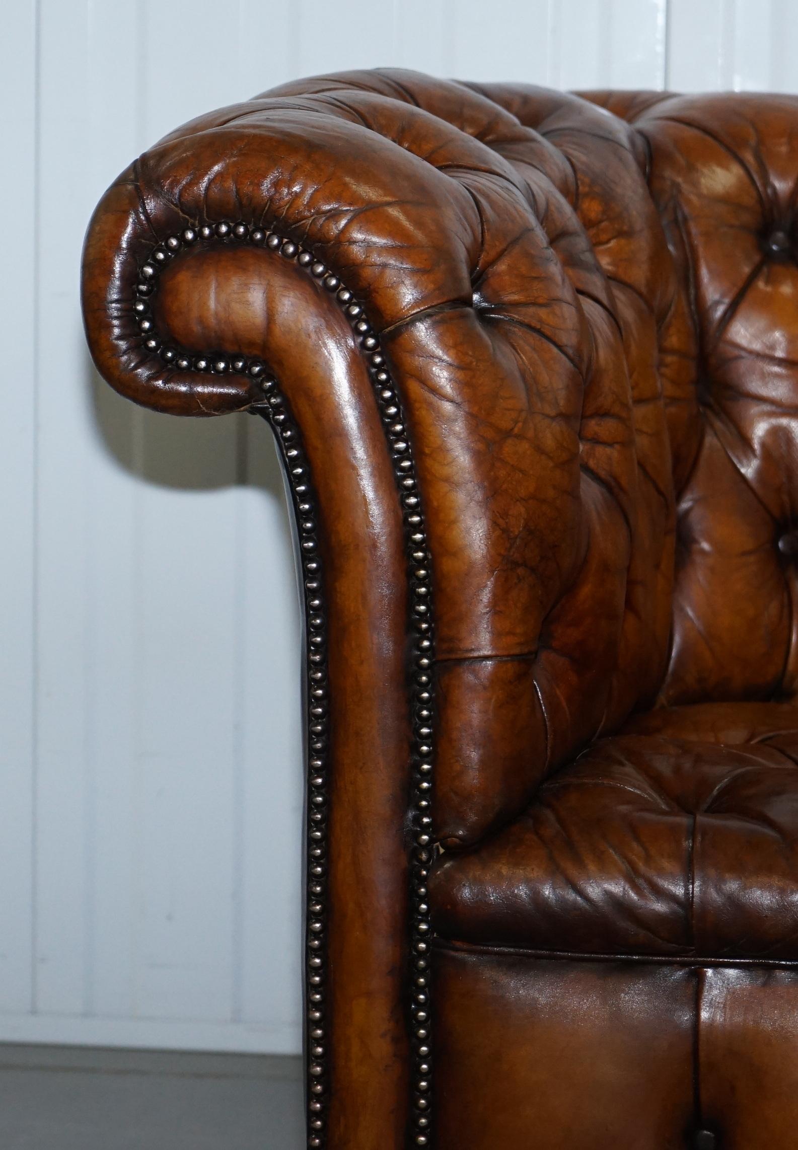 Hand-Crafted Rare Sloped Back Victorian Chesterfield Hand Dyed Brown Leather Sofa Horse Hair