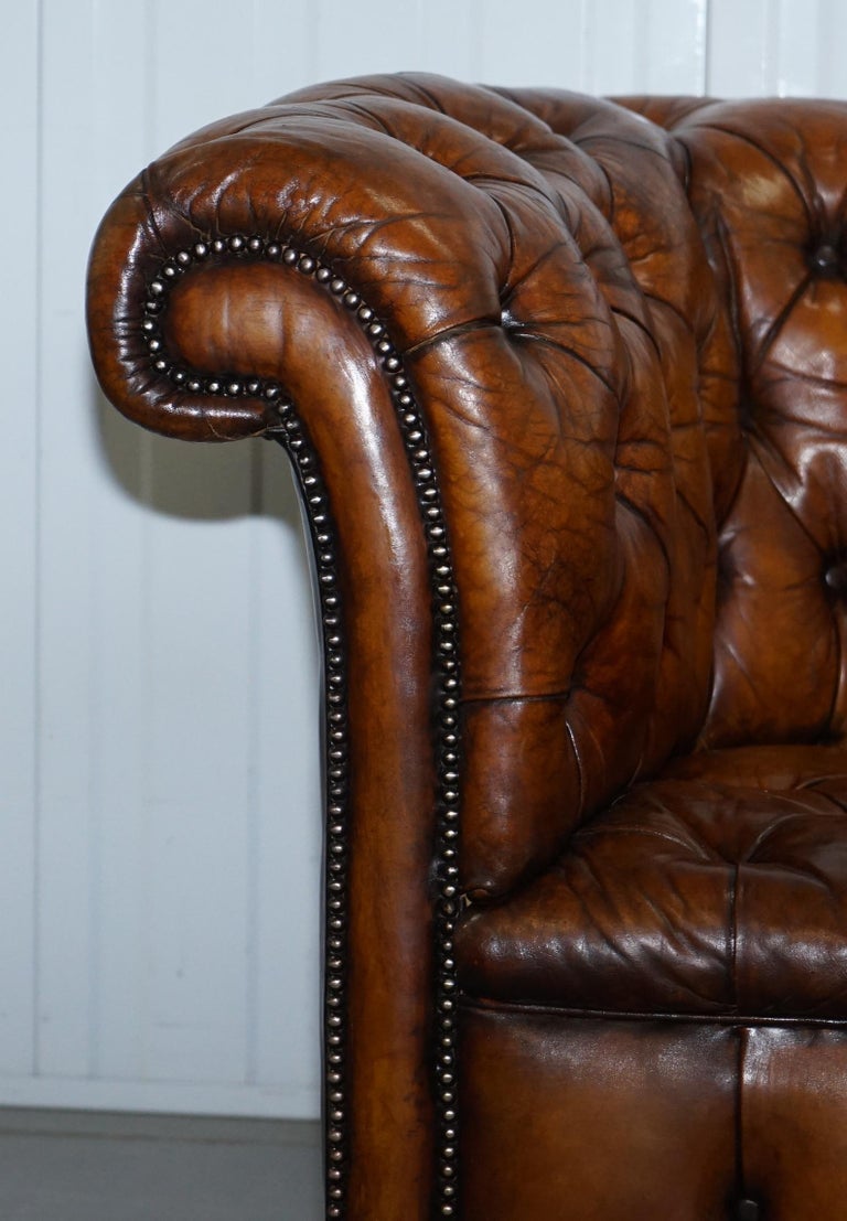Rare Sloped Back Victorian Chesterfield Hand Dyed Brown Leather Sofa