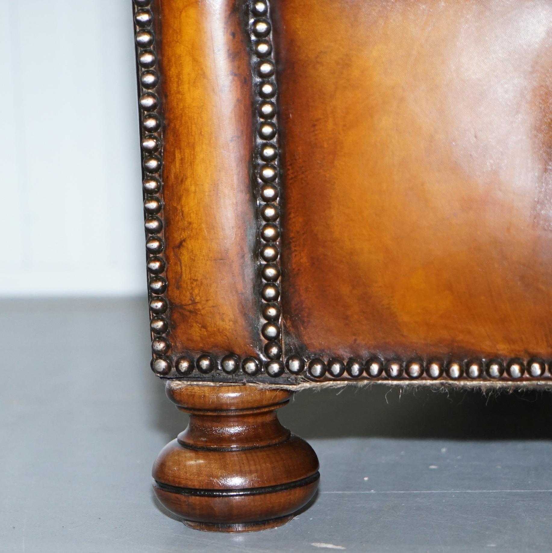 English Rare Sloped Back Victorian Chesterfield Hand Dyed Brown Leather Sofa Horse Hair