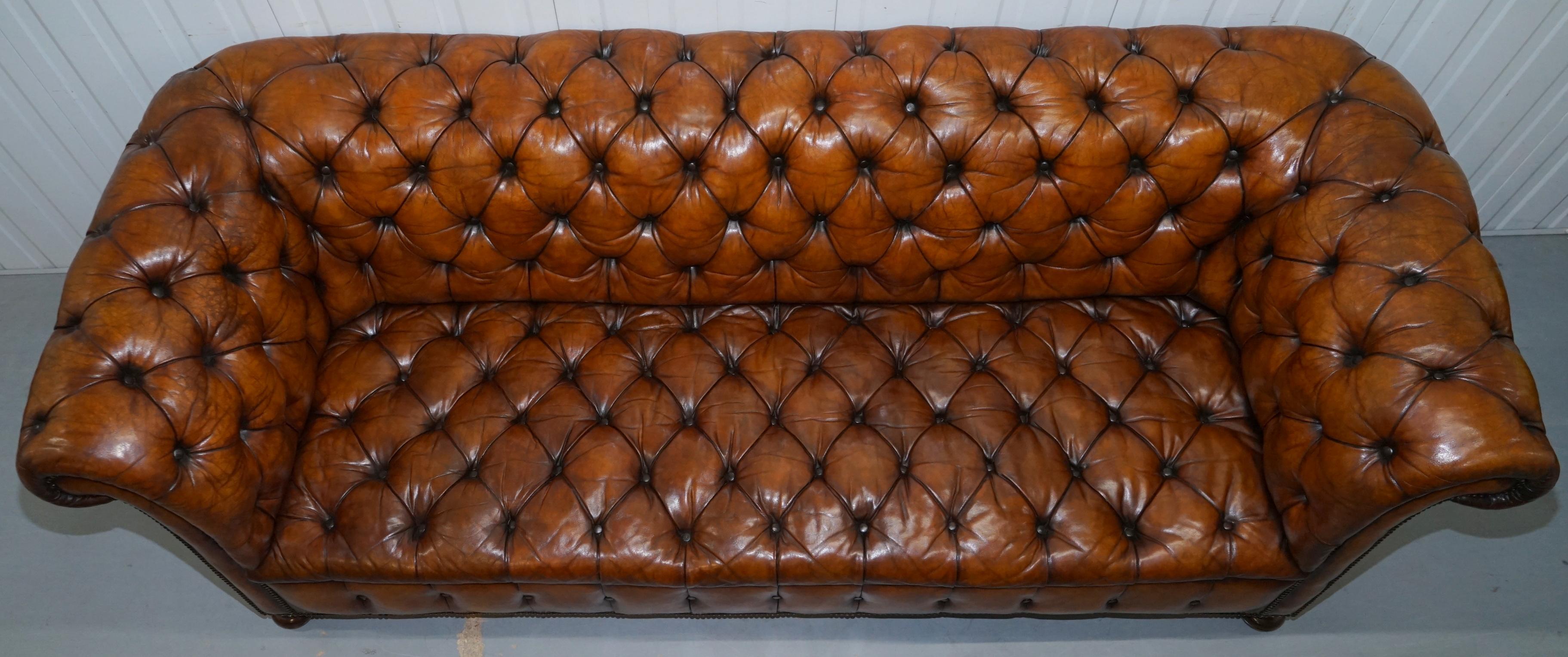 Rare Sloped Back Victorian Chesterfield Hand Dyed Brown Leather Sofa Horse Hair 1