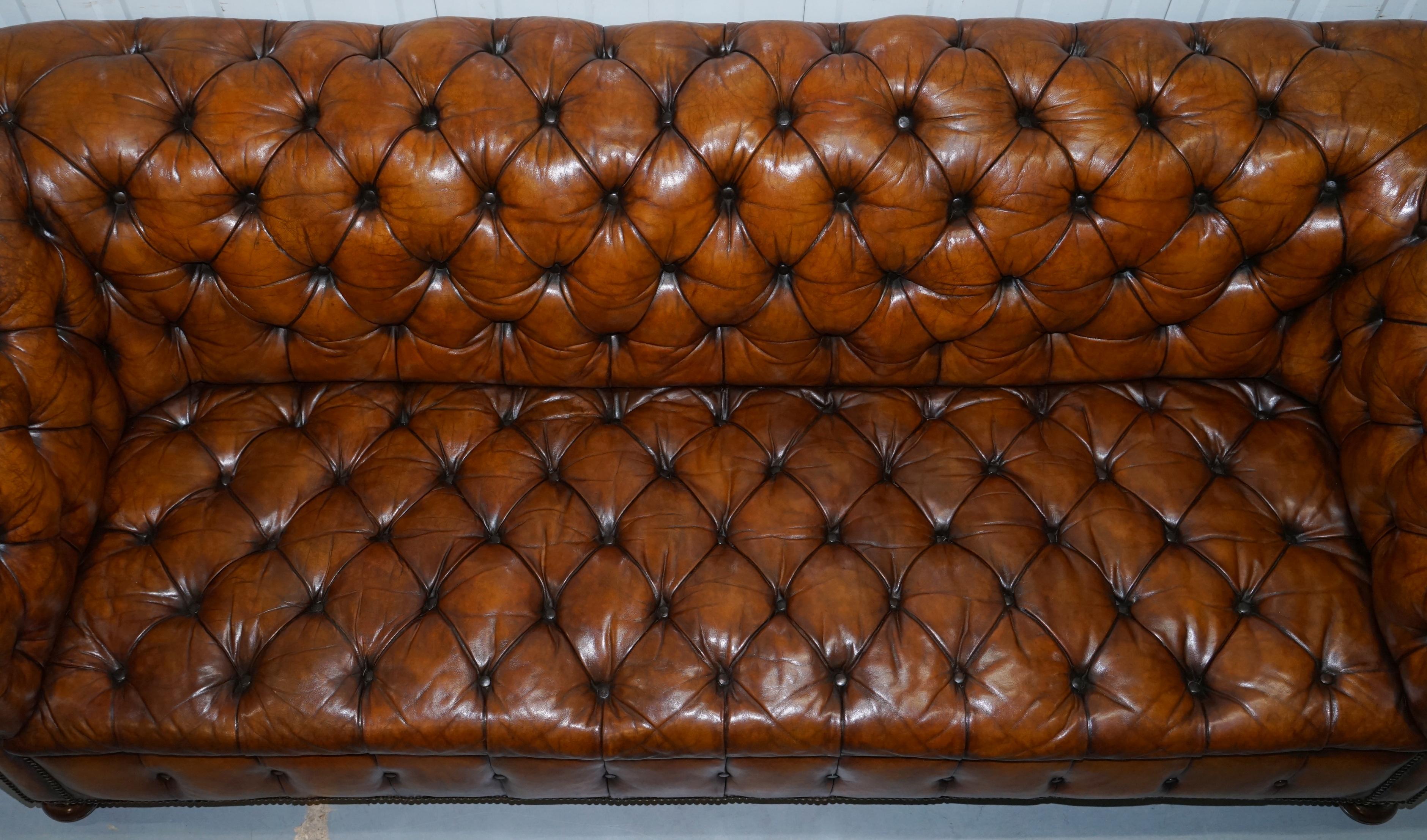 Rare Sloped Back Victorian Chesterfield Hand Dyed Brown Leather Sofa Horse Hair 2
