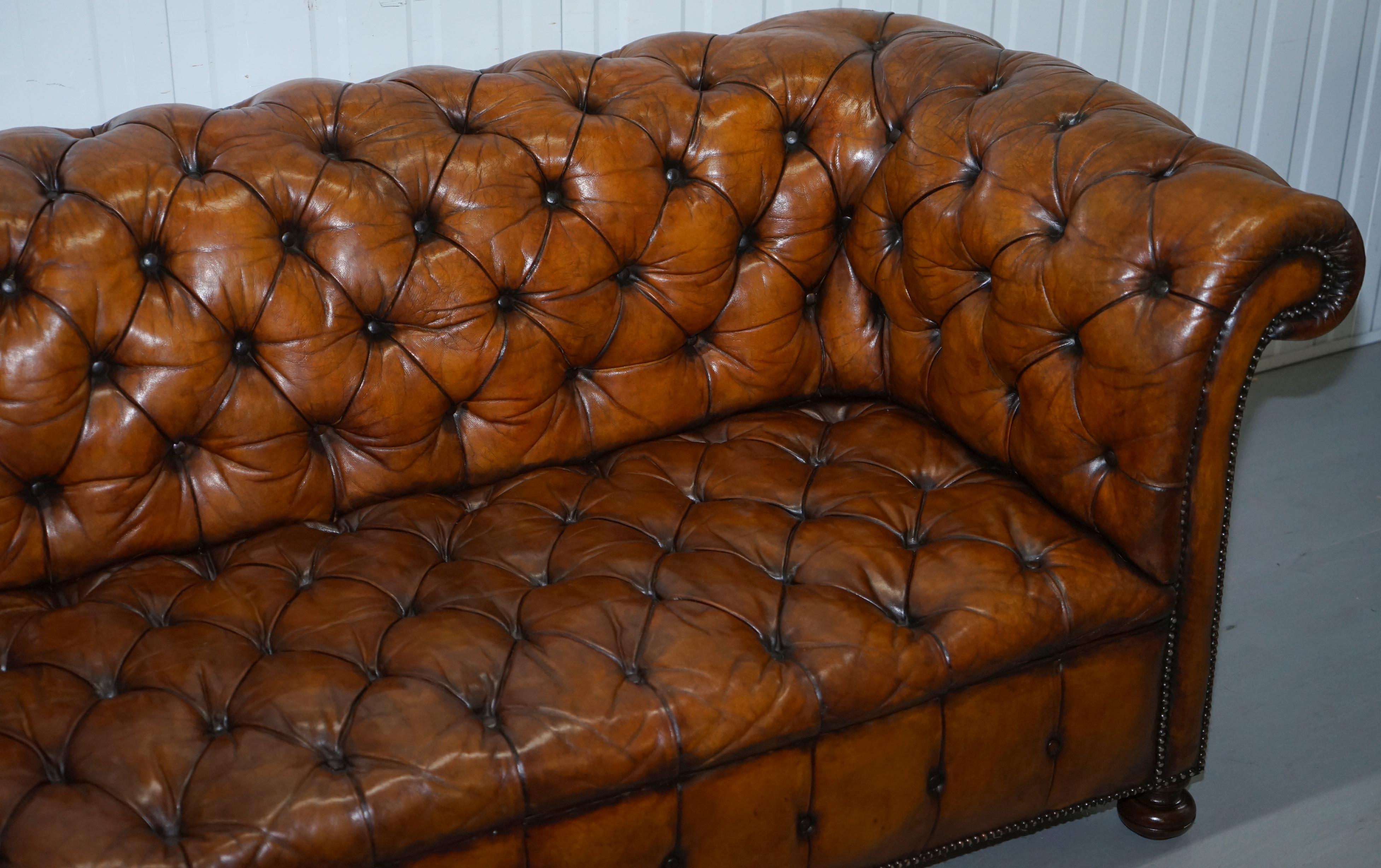 Rare Sloped Back Victorian Chesterfield Hand Dyed Brown Leather Sofa Horse Hair 3