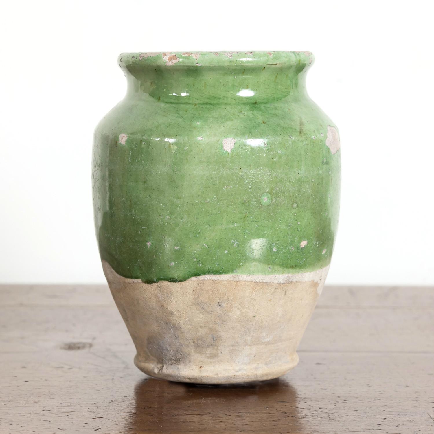 Glazed Rare Small 19th Century French Pot de Confit or Confit Pot with Green Glaze