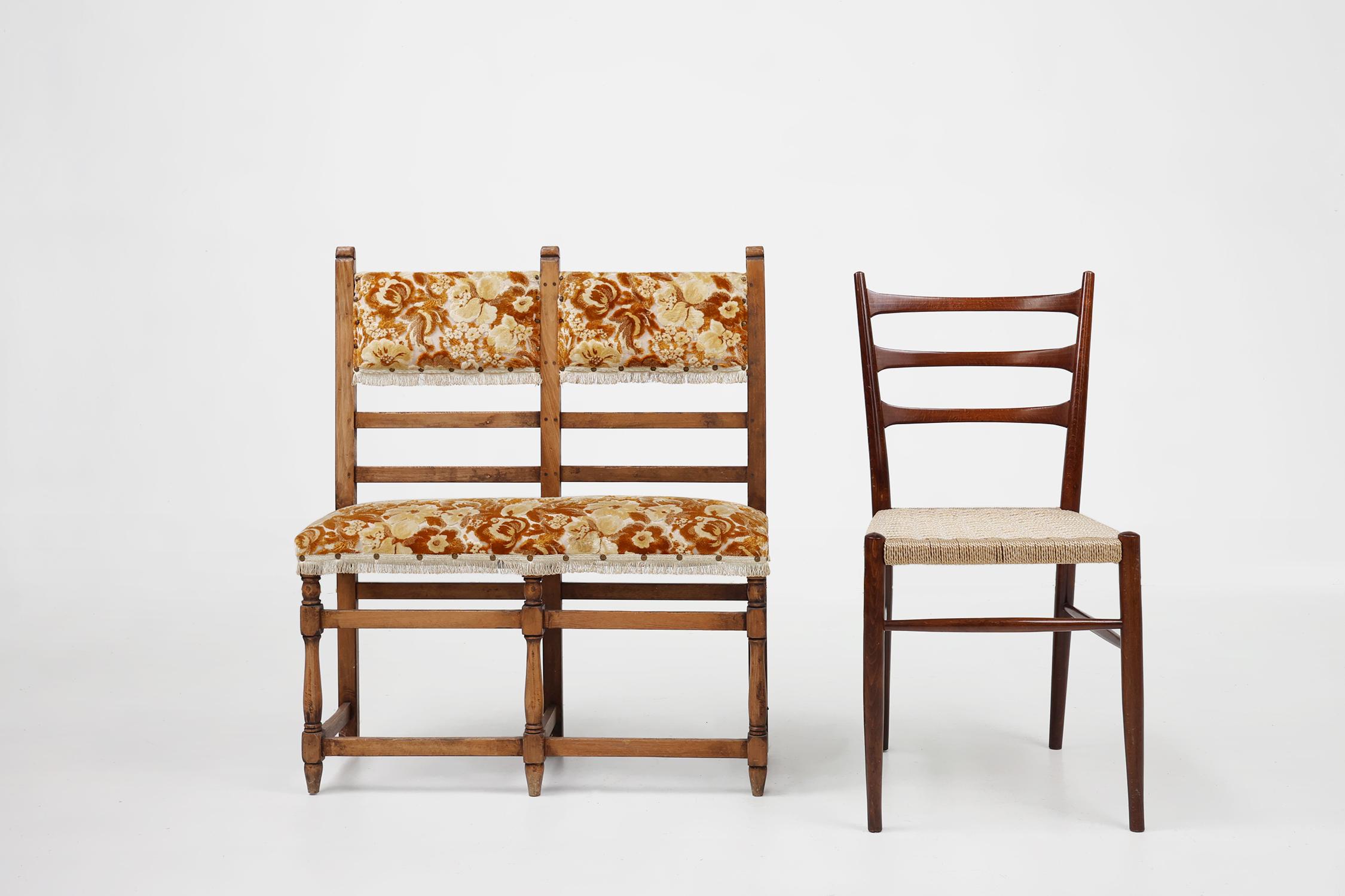 France / 1850 / bench / wood, fabric / antique / Rustic

A special small bench of 2 wooden chairs constructed together with floral upholstery. Designed and crafted around 1850 in France.

The original design design and harmonious blend of colors,