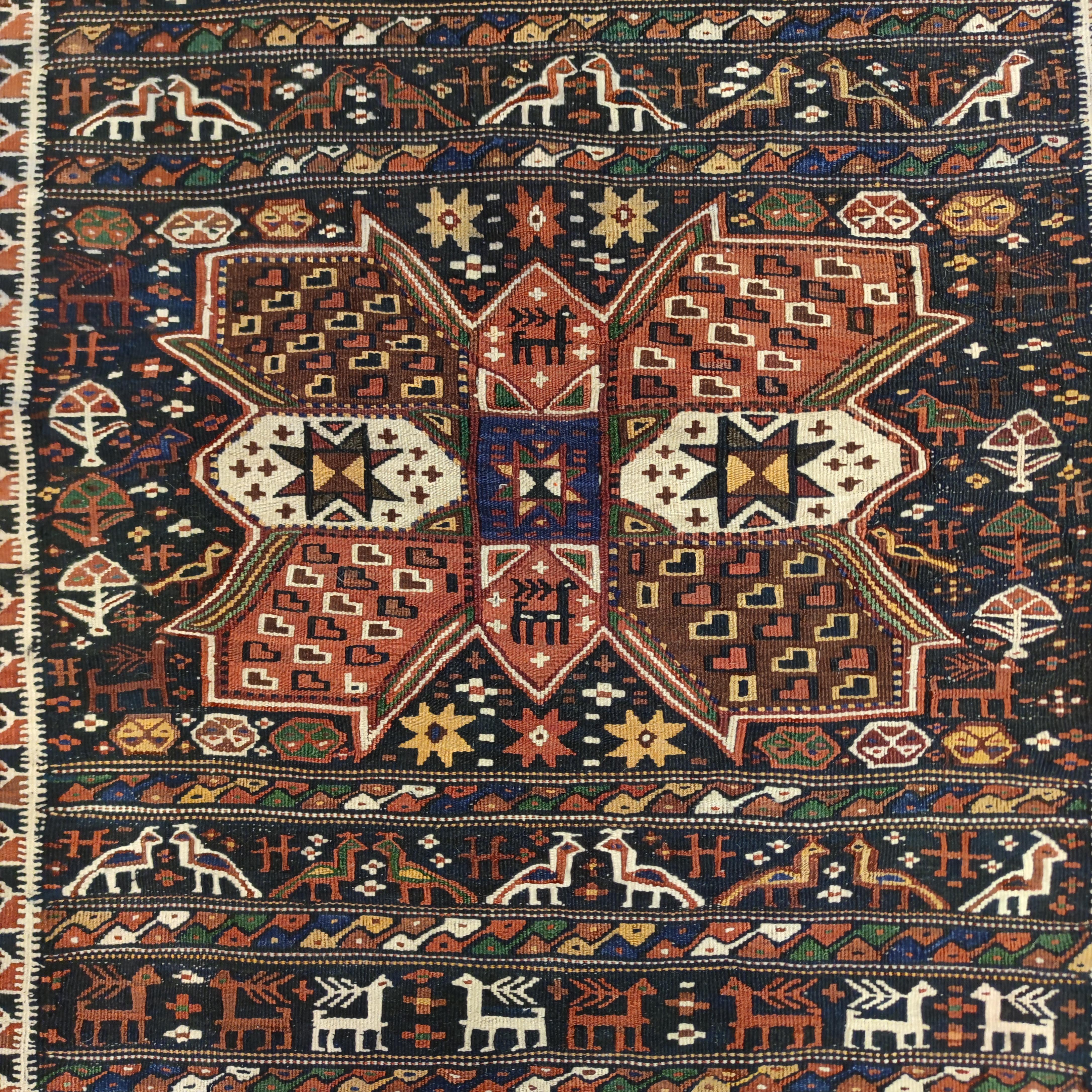 Hand-Woven Rare Small Antique Blue Caucasian Kilim Rug with Rows of Zoomorphic Motifs