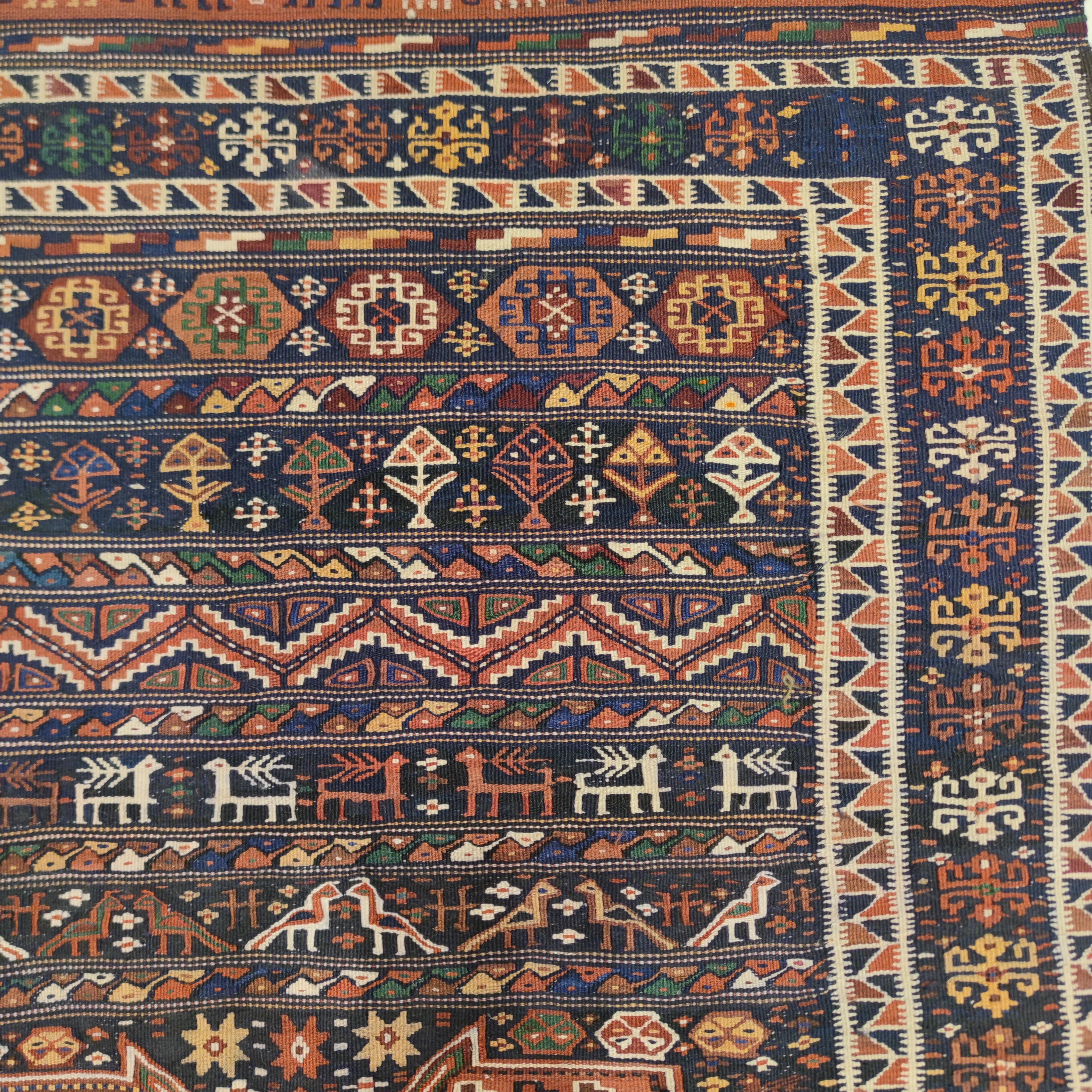 Rare Small Antique Blue Caucasian Kilim Rug with Rows of Zoomorphic Motifs In Good Condition In Milan, IT