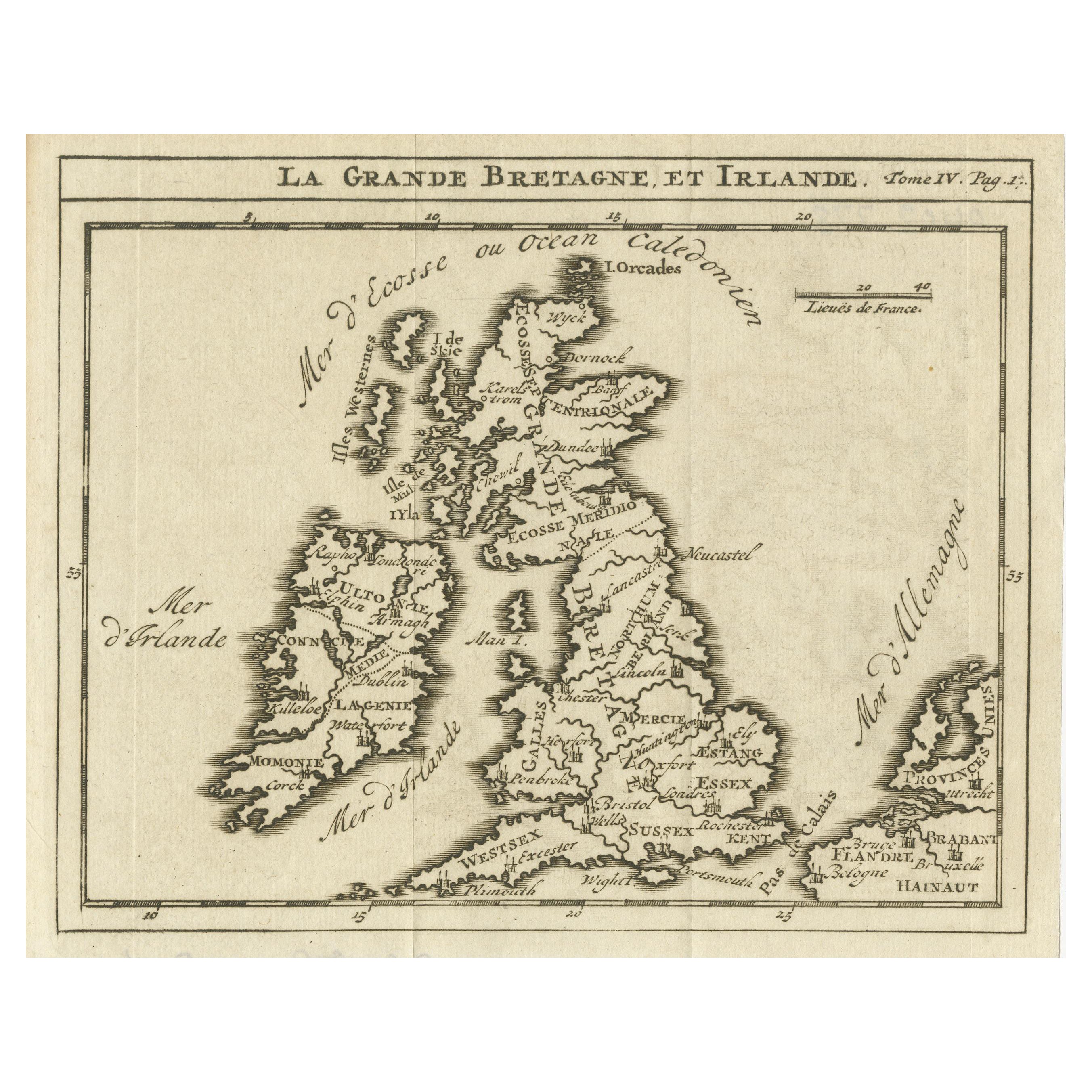 Petite carte ancienne rare de Grande-Bretagne et d'Irlande en vente