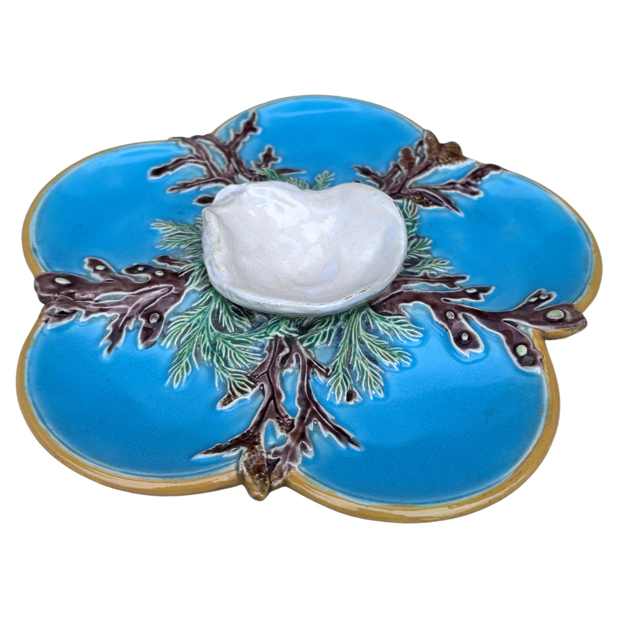 Rare Small Aqua Majolica Oyster Plate, George Jones, circa 1878.
Rare size 7.5 inches.
This 5 well oyster plate is a fine example of the work of George Jones, with a beautiful glaze and cobalt color The details of the plate with different kinds of