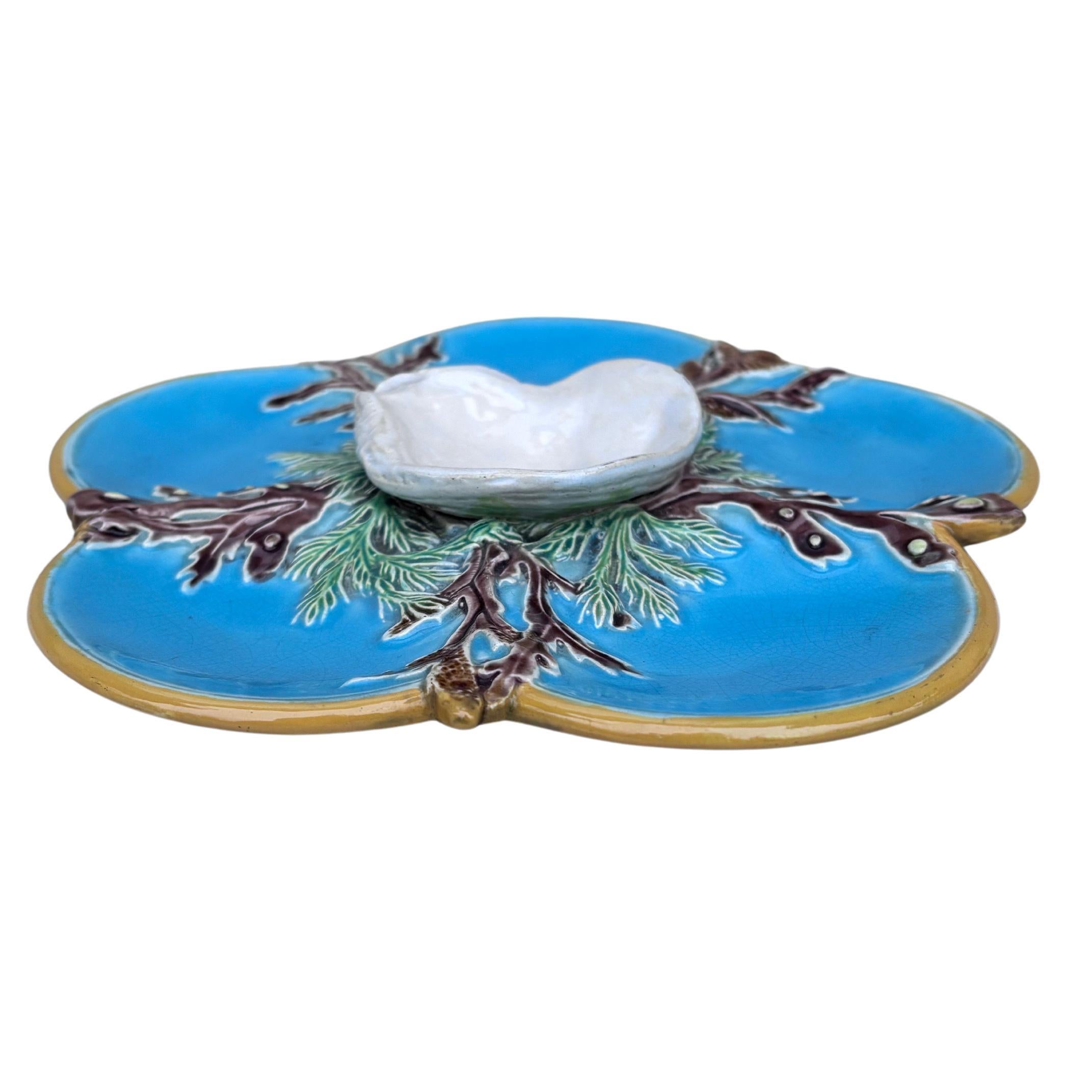 Victorian Rare Small Aqua Majolica Oyster Plate, George Jones, circa 1878 For Sale