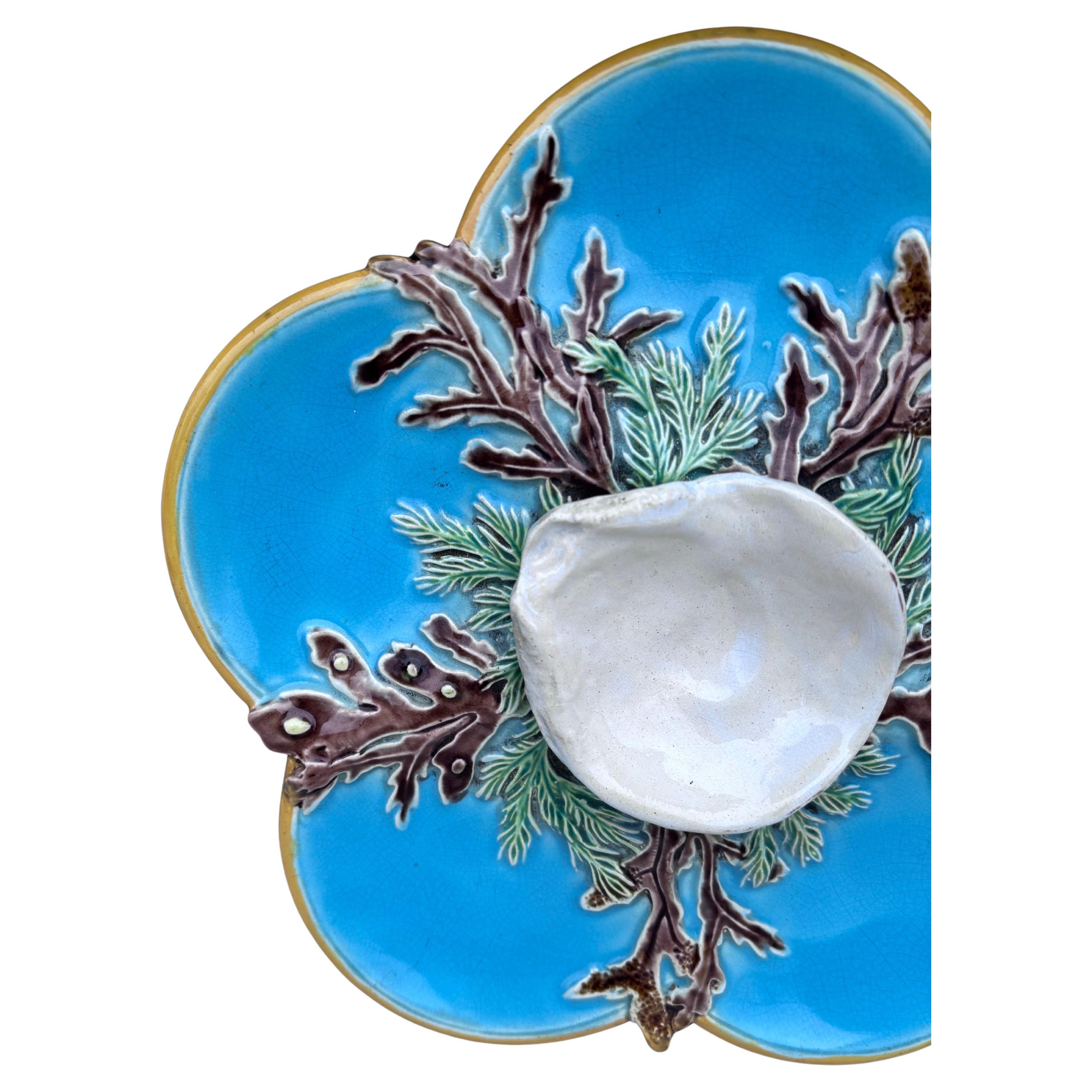 English Rare Small Aqua Majolica Oyster Plate, George Jones, circa 1878 For Sale
