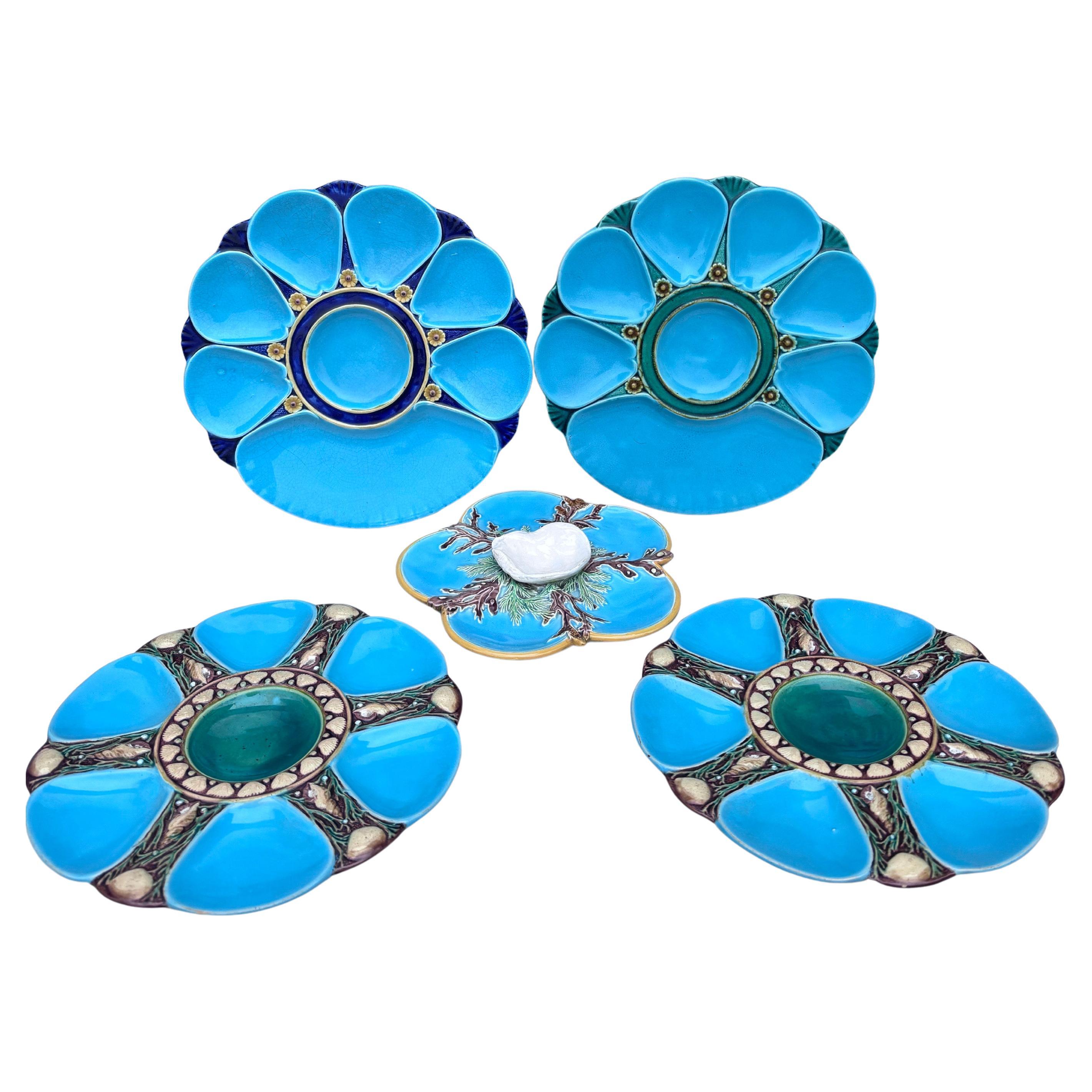 Late 19th Century Rare Small Aqua Majolica Oyster Plate, George Jones, circa 1878 For Sale