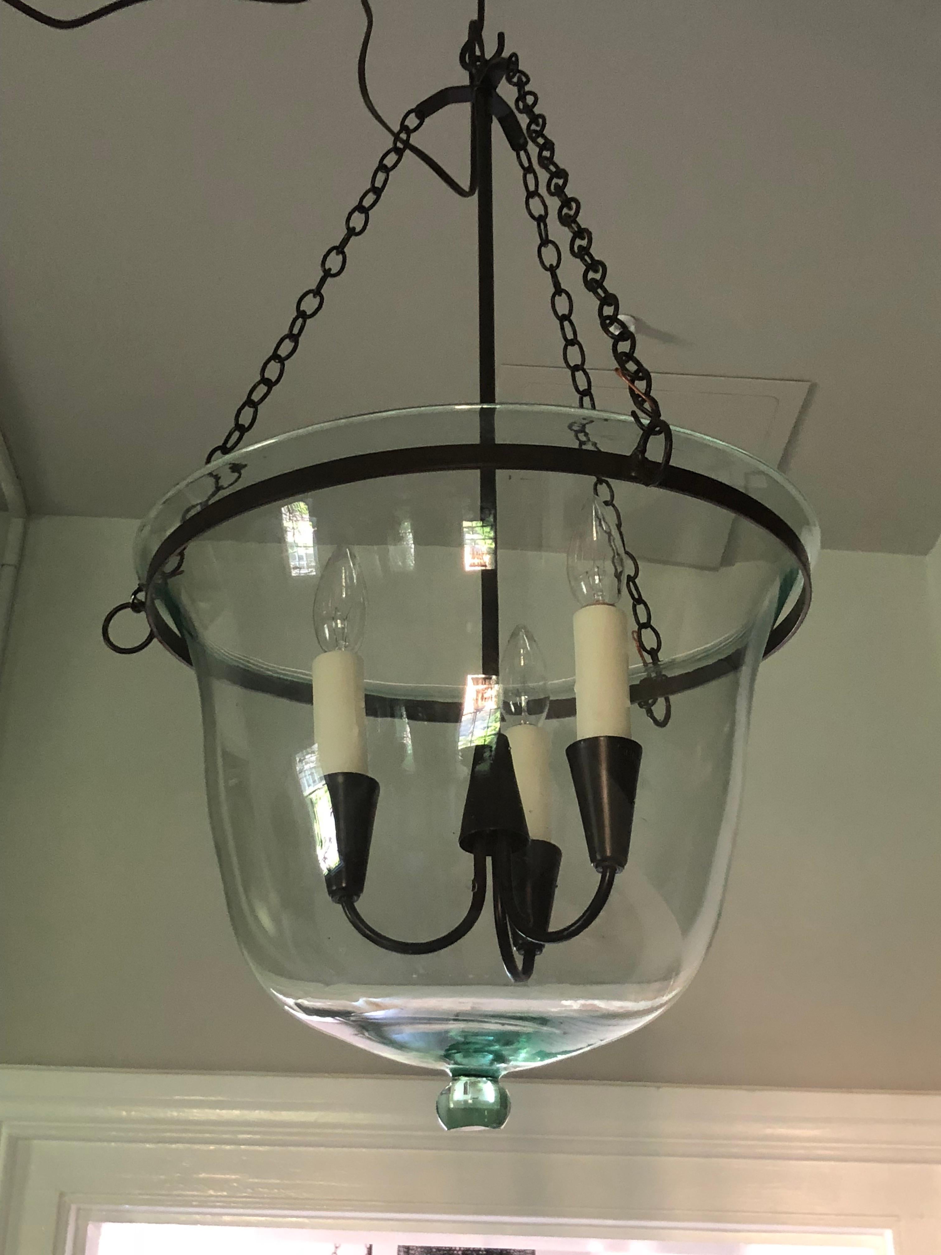Rare Small French Green Bell Cloche Hanging Light In Good Condition In Woodbury, CT