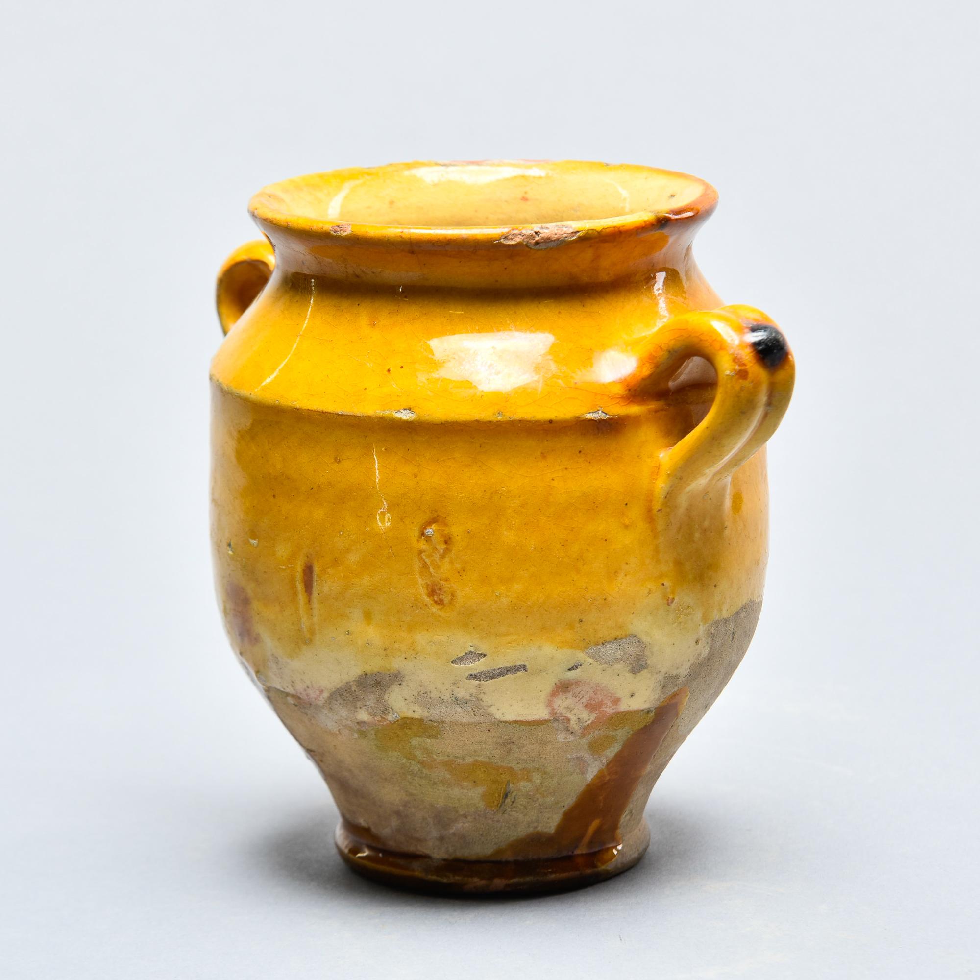 French Provincial Rare Small French Two Handle Mustard Glazed French Confit Jar For Sale