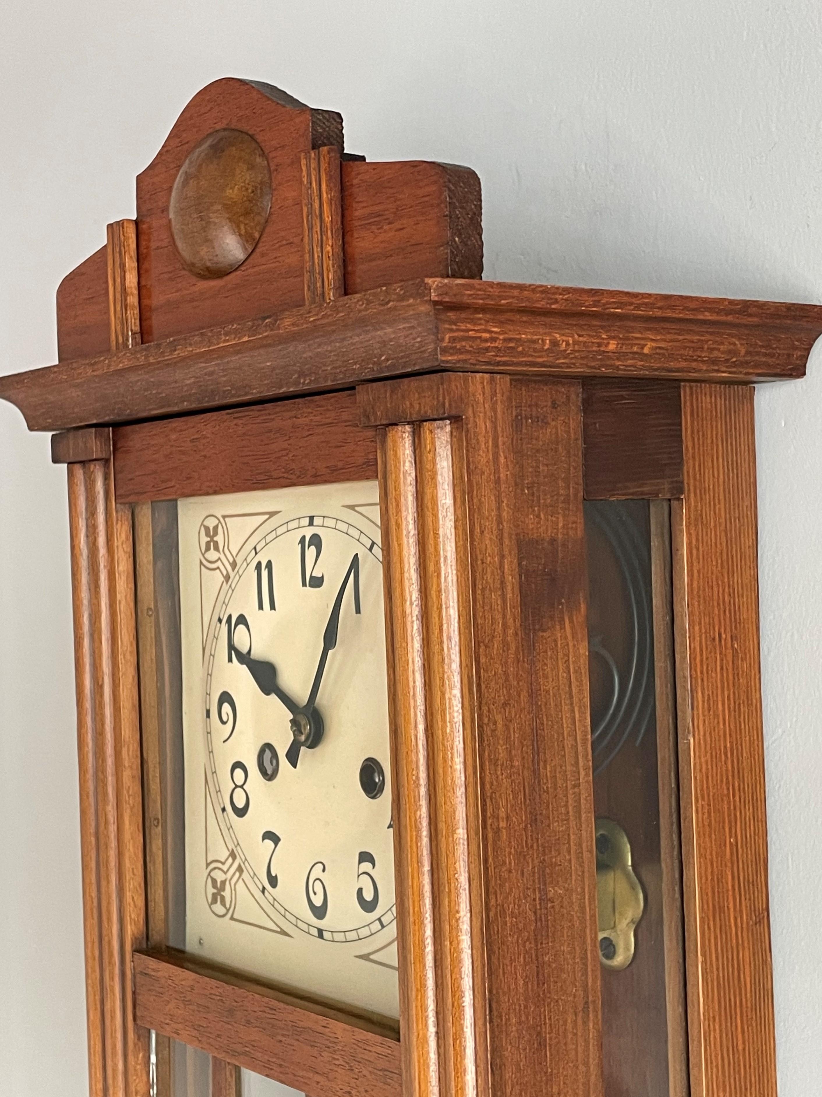 20th Century Rare & Small Geometrical Design Dutch Arts & Crafts Nutwood & Glass Wall Clock