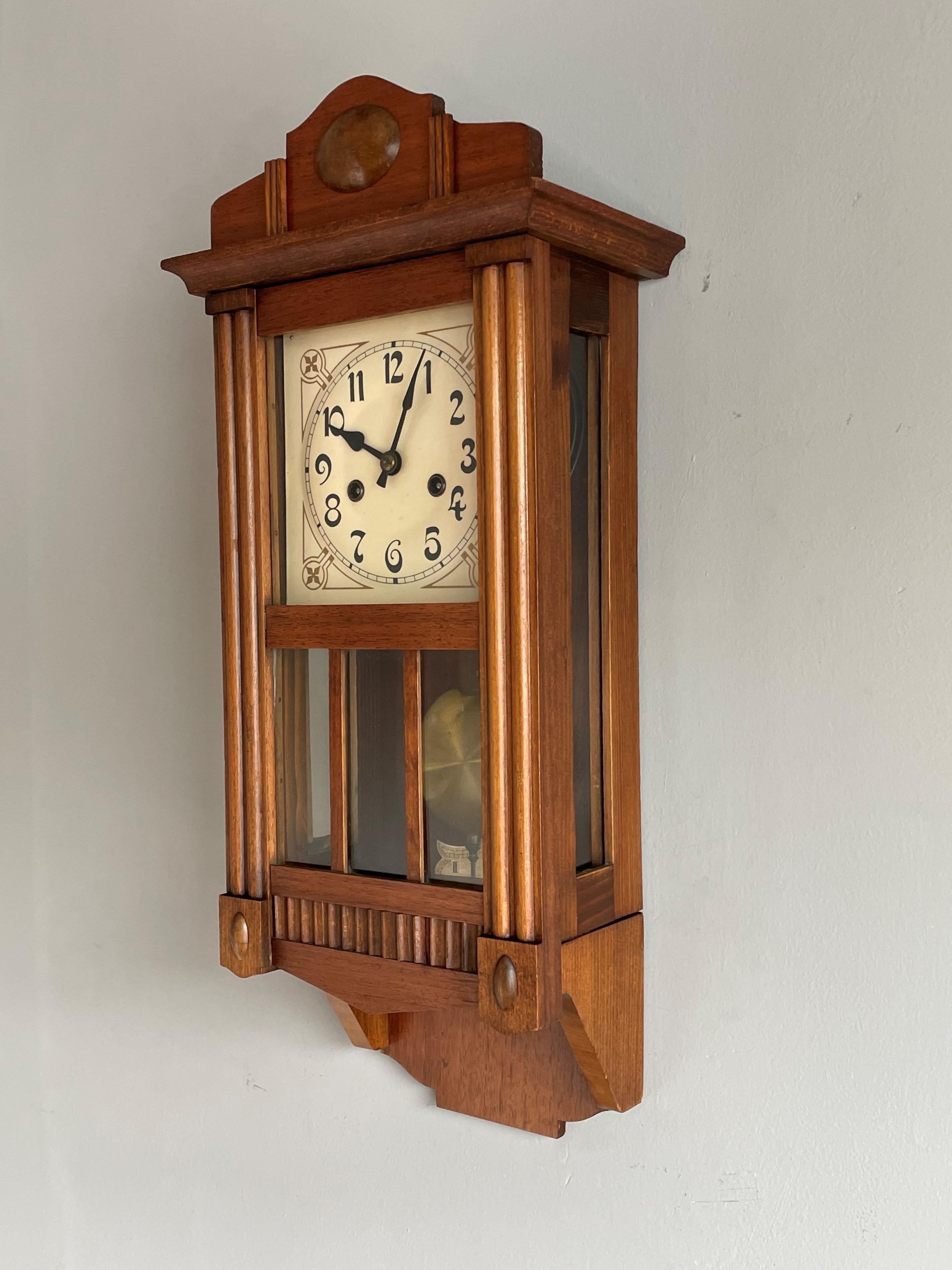 Rare & Small Geometrical Design Dutch Arts & Crafts Nutwood & Glass Wall Clock 1