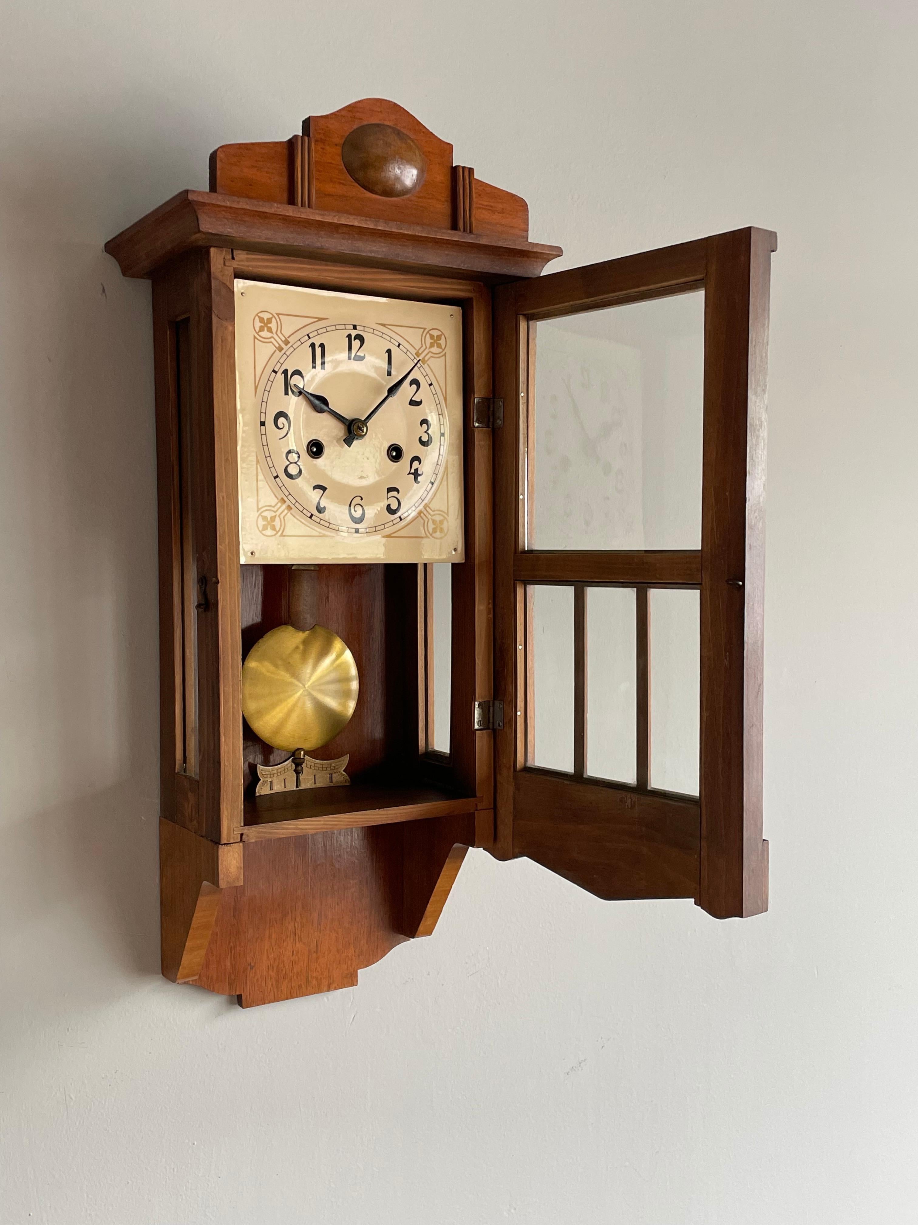 Rare & Small Geometrical Design Dutch Arts & Crafts Nutwood & Glass Wall Clock 6