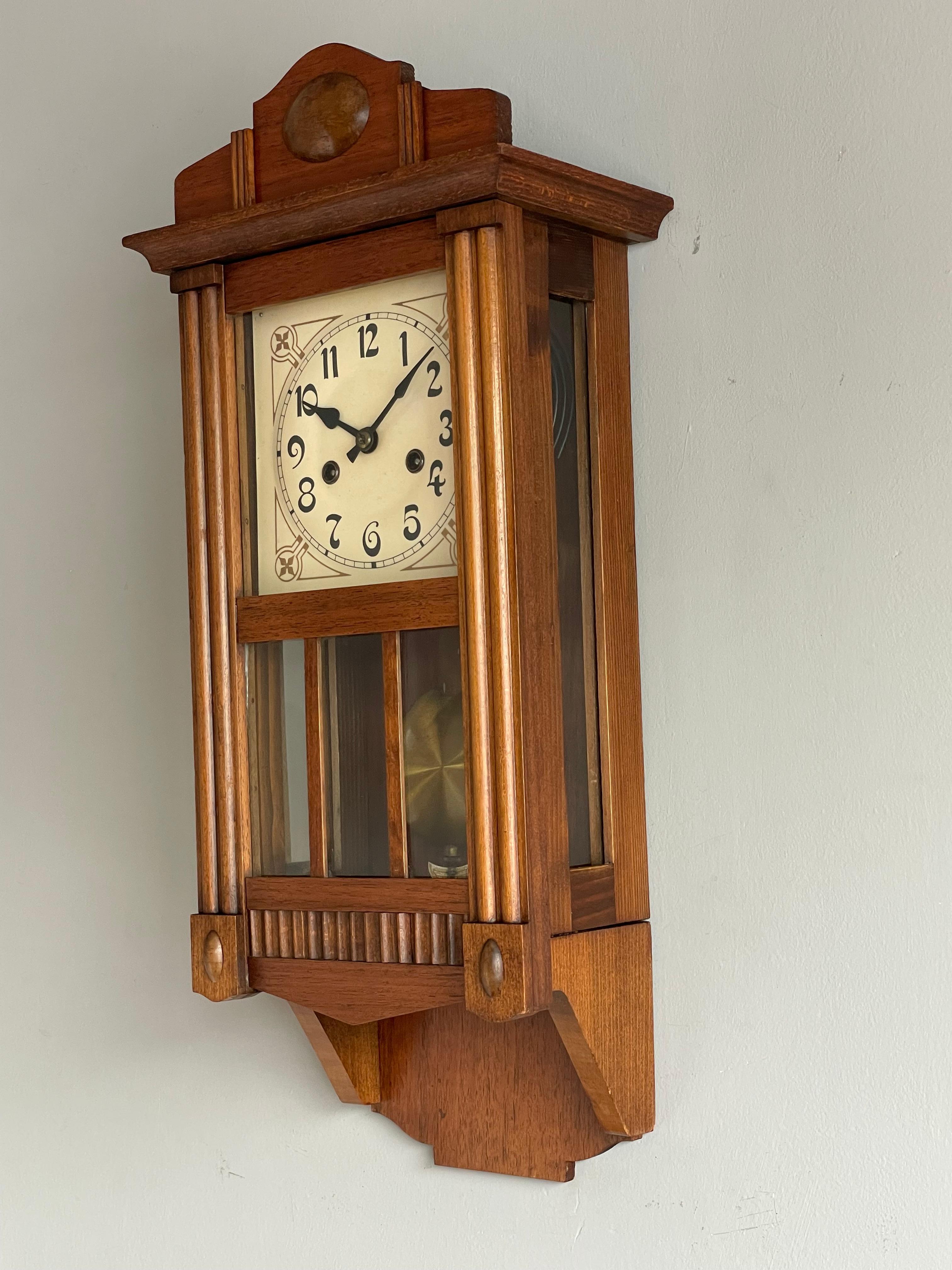 Rare & Small Geometrical Design Dutch Arts & Crafts Nutwood & Glass Wall Clock 8