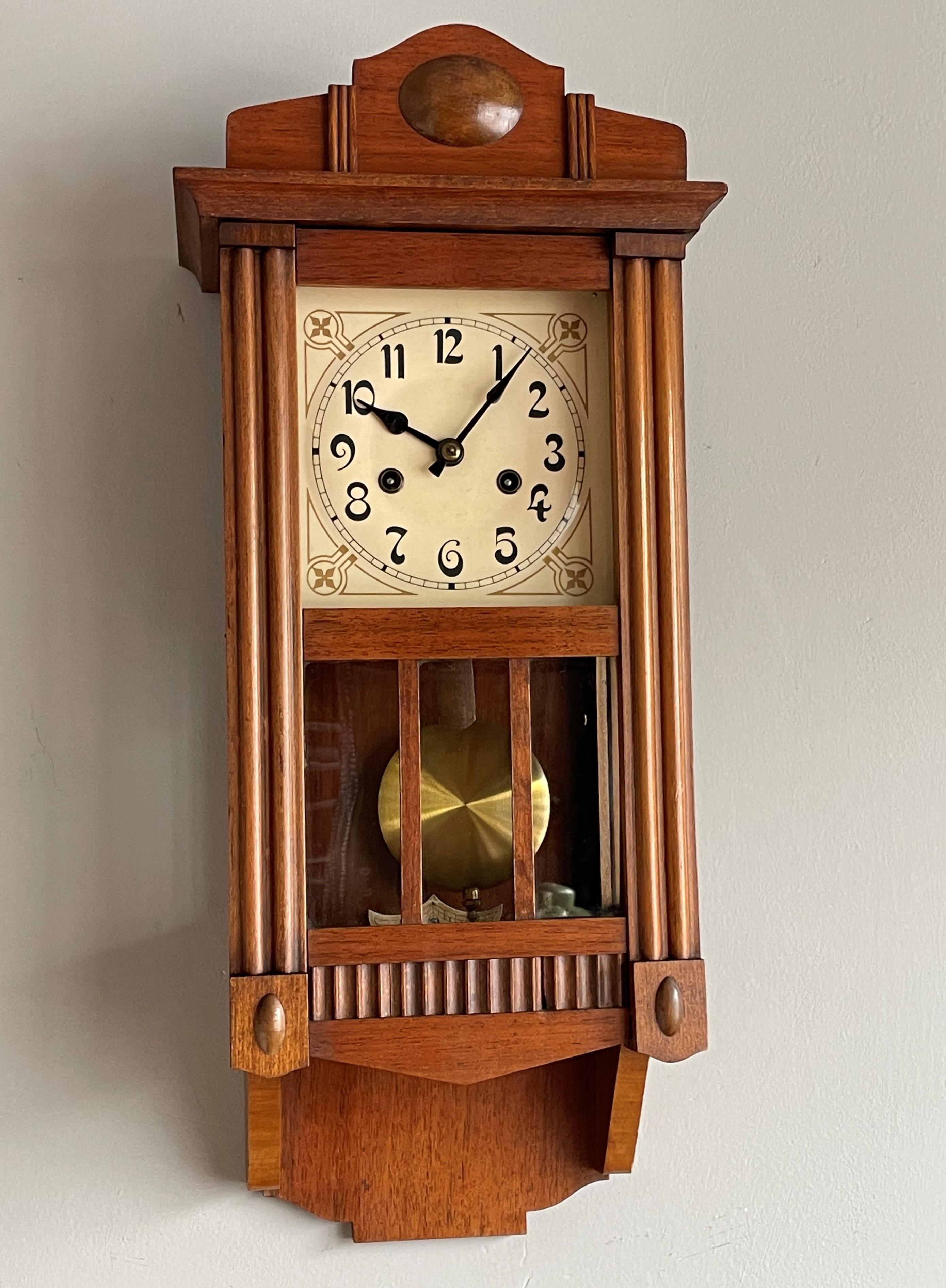 Early 20th century, great condition antique wall clock with the original glass panels.

Over the years we have sold a few dozen Arts & Crafts pendulums (or mantel clocks). They were all beautiful and unique in design, but they ARE out there.