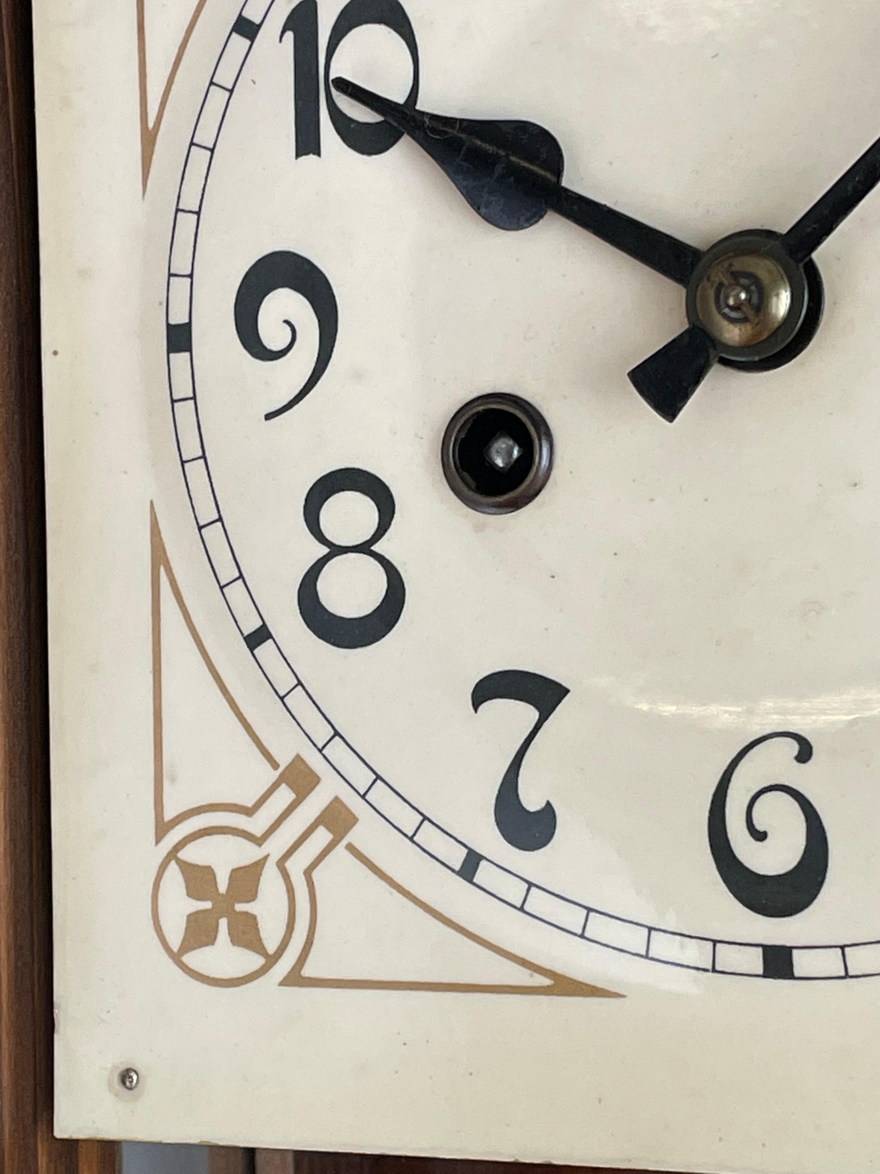 European Rare & Small Geometrical Design Dutch Arts & Crafts Nutwood & Glass Wall Clock