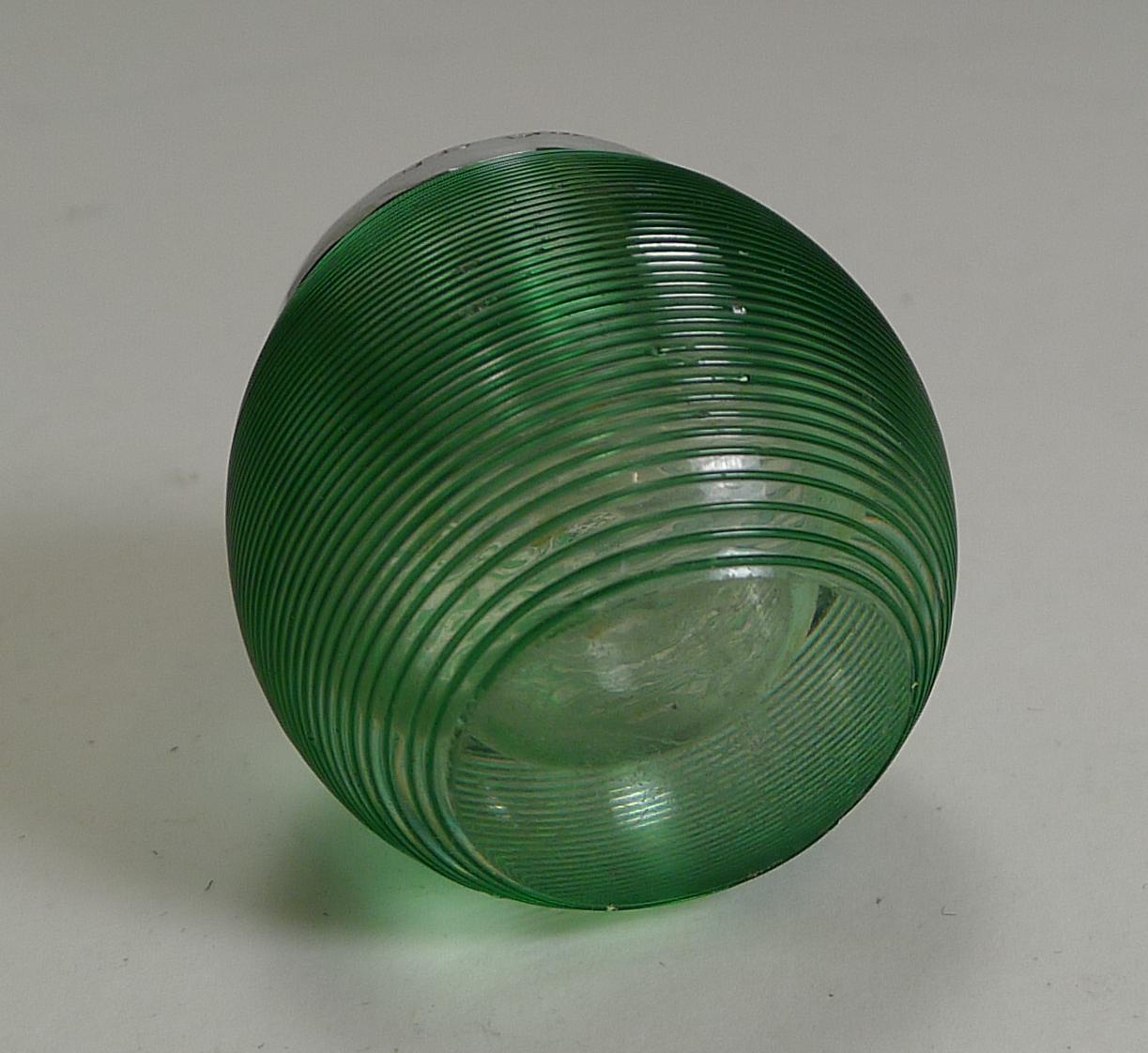 Edwardian Rare Small Green Colored Threaded Glass Match Striker, Sterling Silver Mount