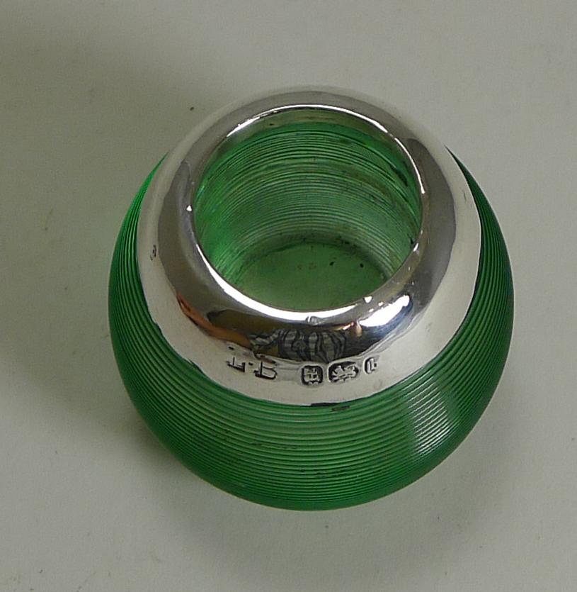 English Rare Small Green Colored Threaded Glass Match Striker, Sterling Silver Mount
