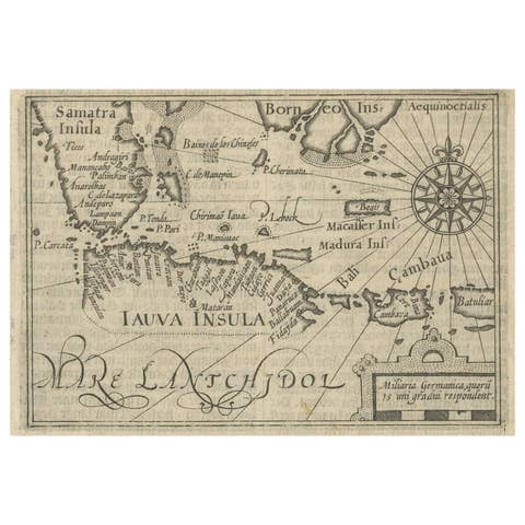 Rare Small Map of Sumatra, Java, Borneo, Macassar, Madura, Bali, 1614