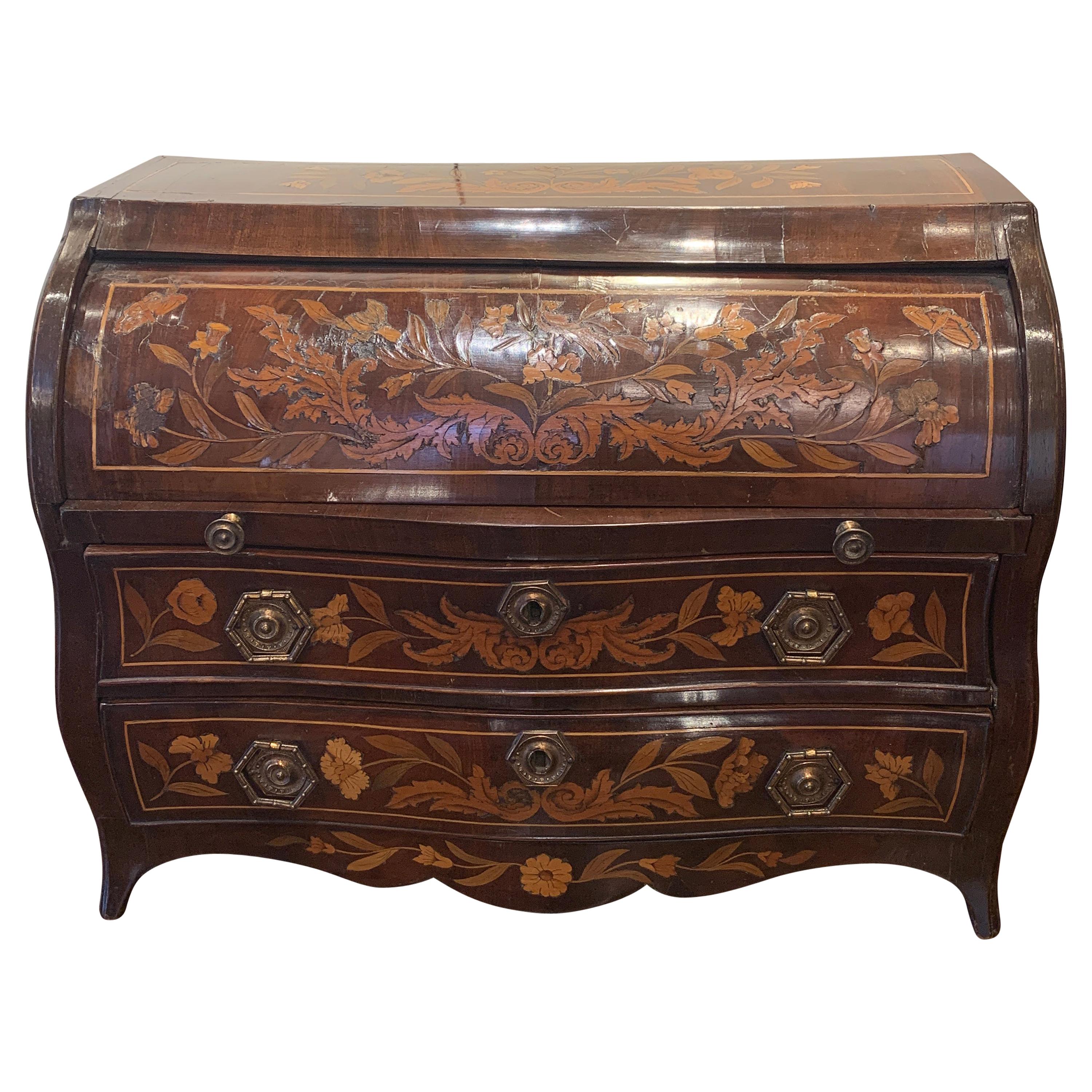 Rare, Small Marquetry Cylinder Bureau, Different Fruit Woods