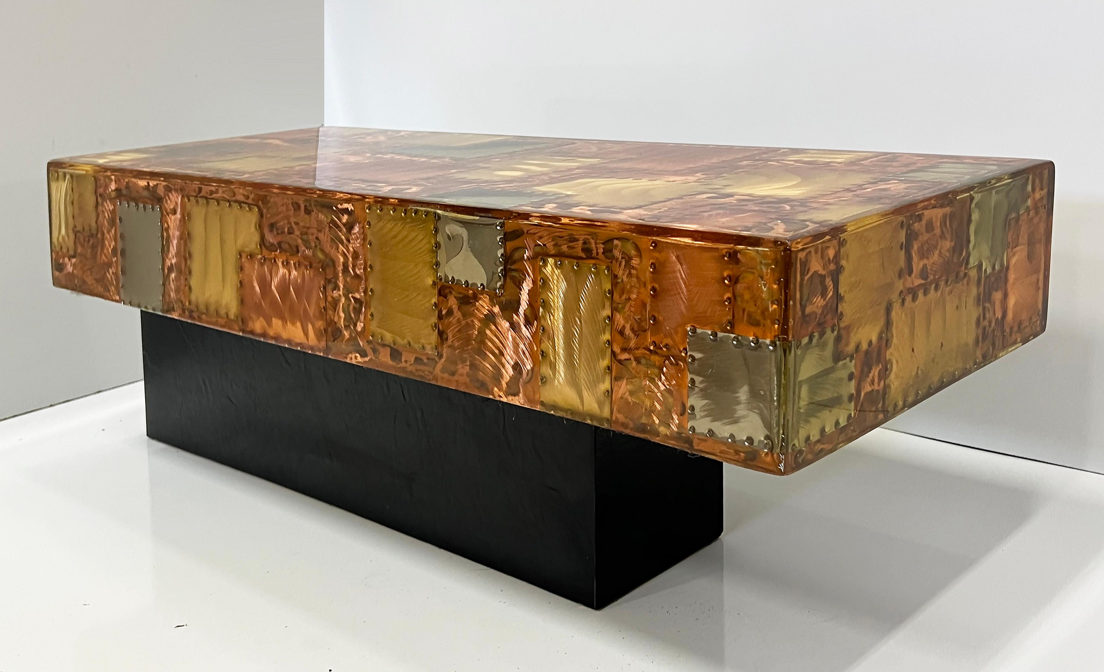 Lacquered Rare Small Paul Evans Style Patchwork Side or Coffee Table, Cantilevered For Sale