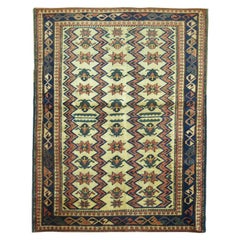 Rare Small Square Traditional Beige Blue Rust Vintage Caucasian Shirvan Rug